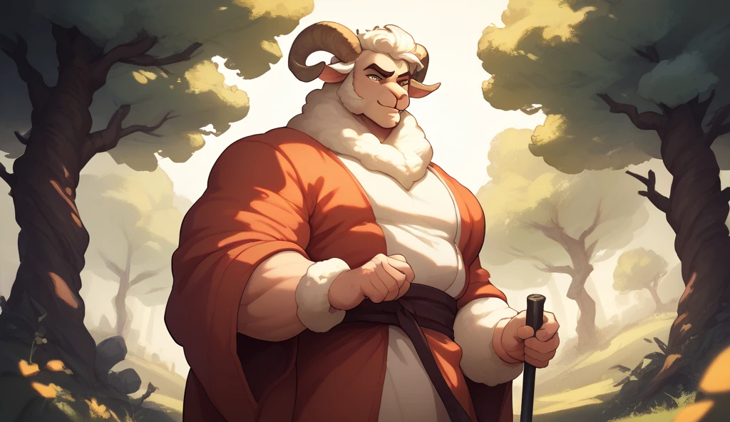 solo, demon, anthro, male, overweight, large belly, brown fur, grey iris, white horns, messy mane, offering the viewer a quill, holding contract, looking at viewer, smiling, confident, indoors, inside castle, dark cobblestone walls, fantasy setting