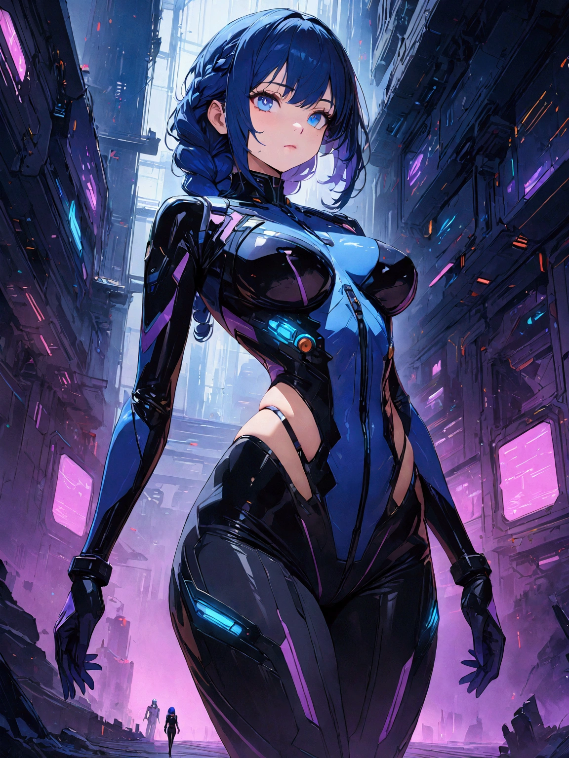 a beautiful girl with midnight blue eyes and midnight blue hair, circuits running through her skin, braided hair, wearing a uniform, with a curvy figure and full hips, in a scifi suit with a hip cutout, (best quality,4k,8k,highres,masterpiece:1.2), digital art, futuristic, dark sci-fi, moody lighting, dramatic colors, deep blue and purple tones