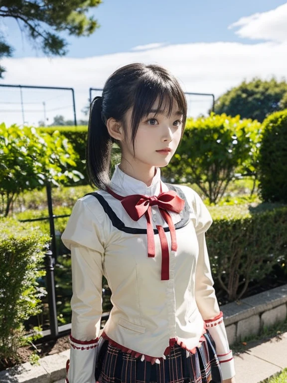  1 Woman , Alone, ((mitakihara school uniform)), ( red ribbon ),  plaid skirt,  short twin tails,  black hair,  hair bow,  black eyes, bangs, garden, 