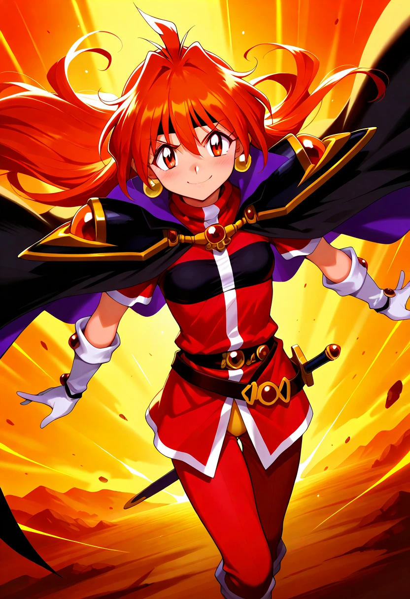 A highly detailed and high resolution image of "Lina Inverse" [from Slayers]; A shirt, petite red-haired sorceress with medium length hair; cute, wearing a a red tunic, shoulder pauldrons inset with rubies, a black cloak, a belt, red pants, gloves; she has a mischievous smirk on her face; background of magical arcane runes as energy vortices swirl around as she is preparing to cast "Dragon Slave"; BREAK: quality\(8k,wallpaper of extremely detailed CG unit, high resolution, top-quality, top-quality real texture skin, hyper realistic, increase the resolution, RAW photos, best quality, highly detailed, the wallpaper, golden ratio, high saturation realism, vibrant colors, dramatic lighting, persuasive storytelling, atmospheric scenery, captivating visuals, intricate details, strong emotions, dreamlike world\),(dynamic angle:1.4)