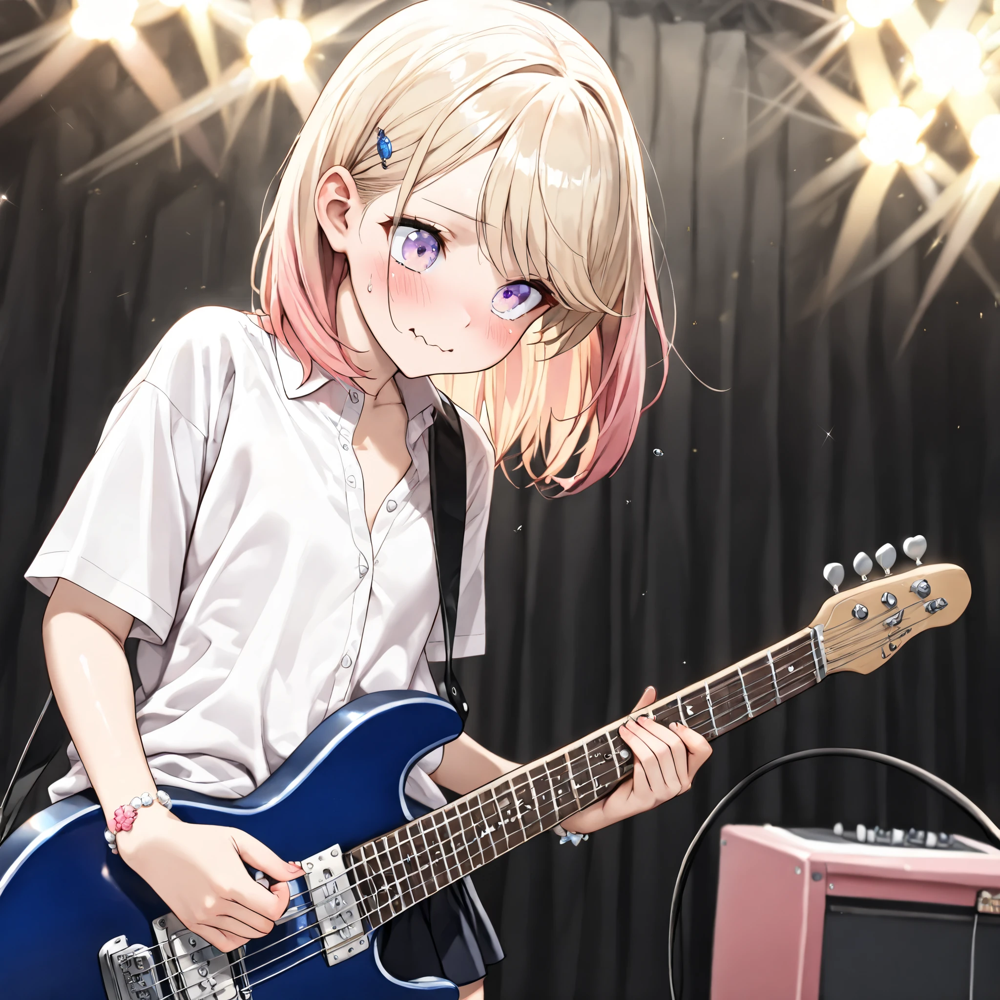 ((Masterpiece)), ((best quality)), (8K), (wide shot), (detailed background:1.2), (super detail:1.2),(High Definition:1.3), (Professional Photography:1.2), (very aesthetic:1.2), (absurdres:1.2), (sharp focus), ((1girl)), Girl, Textured skin, Realistic skin, loose swept bangs, (blonde medium hair, loose pigtail, pink colors Hair Tip), big eyes, blush, (very shy, wavy mouth), cute fang, sweatdrop, (pale purple eyes, gradient eyes), (cute cheeks), glossy lips, (lower eyelashes), BREAK, (collared shirt, loose buttoned shirt, shirt overhang), mini skirt, (small chest), (Healthy Gaunt body), ((Playing Flying-V electric guitar)), Fine gemstone bracelet, (loose standing on the Low stage), in the beautiful jazz club,