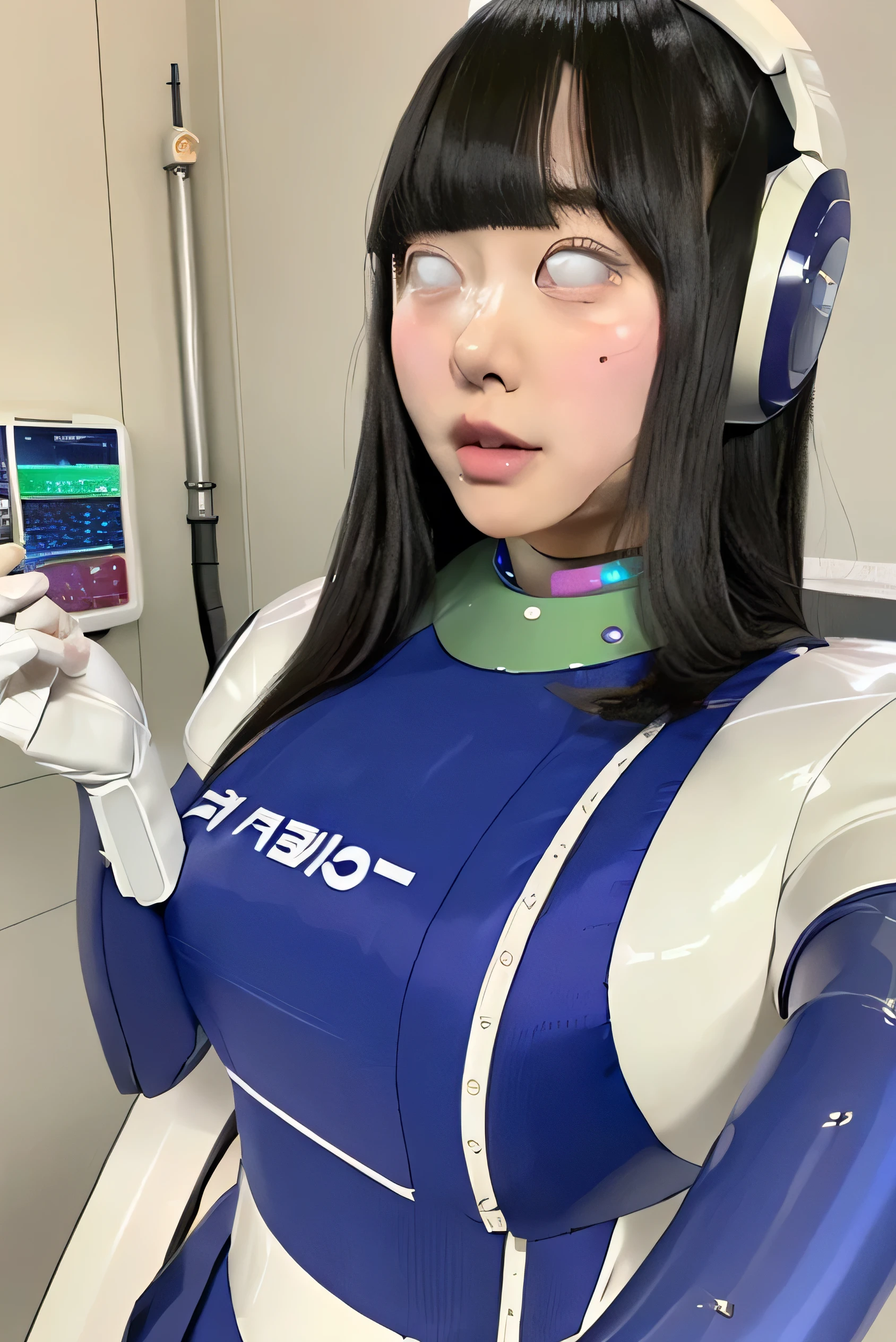 masterpiece, best quality, extremely detailed,portrait,front view,Japaese android girl,Plump,pastel color uniform, control panels,android,Droid,Mechanical Hand, Robot arms and legs,Blunt bangs,long tube,thick cable connected her neck,shirome