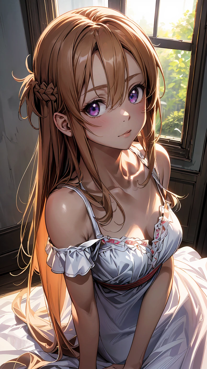 (masterpiece:1.3, top-quality, ultra high res, ultra detailed), (realistic, photorealistic:1.4), beautiful illustration, perfect lighting, natural lighting, depth of fields, 
beautiful detailed hair, beautiful detailed face, beautiful detailed eyes, beautiful clavicle, beautiful body, beautiful chest, beautiful thigh, beautiful legs, beautiful fingers, shiny skin, 
looking at viewer, (selfie, face focus, upper body), 1 girl, Asuna, SAO, (perfect anatomy, anatomically correct, super detailed skin), cute and symmetrical face, perfect face, perfect eyes, tiny, 
(long hair, straight hair, navy hair), hair between eyes, purple eyes, drooping eyes, big eyes, long eyelashes, (small breasts, slim thighs), Off-the-shoulder strap black colour bra, white colour summer dress with spaghetti shoulder straps,
((detailed cloth texture), (abandoned house:1.2), on her knees, (beside window), (looking up at camera,  shot from top angle),
