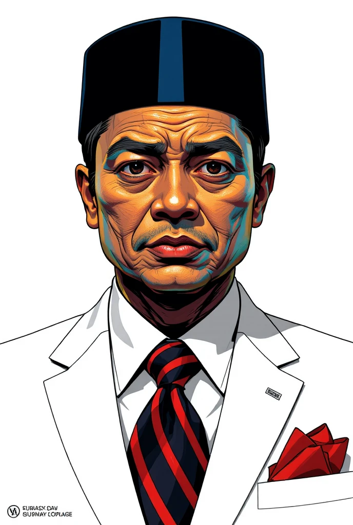 "Create a highly detailed WPAP (Wedha's Pop Art Portrait) artwork of a person wearing a white suit, a black peci (traditional Indonesian cap), and a red-and-black striped tie. Use vibrant, bold, and contrasting colors to emphasize the geometric patterns typical of WPAP style, ensuring the face has dynamic highlights and shadows for a modern, artistic look."

