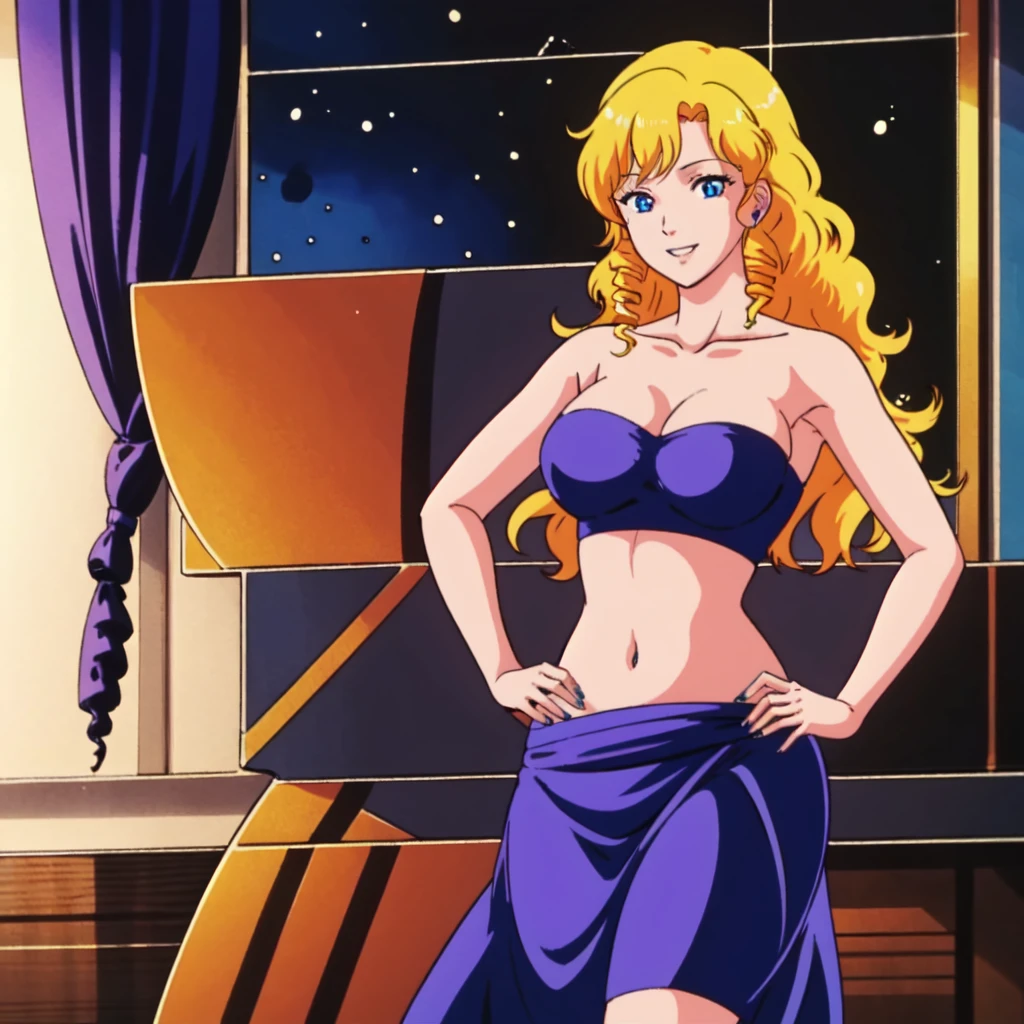 masterpiece,high quality,solo,
Oriana, 1girl, blonde hair, drill hair, long hair, hair over one eyes, blue eyes, large breasts, dark purple tube top, midriff, sarong, dark orange skirt, navel, hands on own hips, looking at viewer, indoors, night time, luxury room, smile