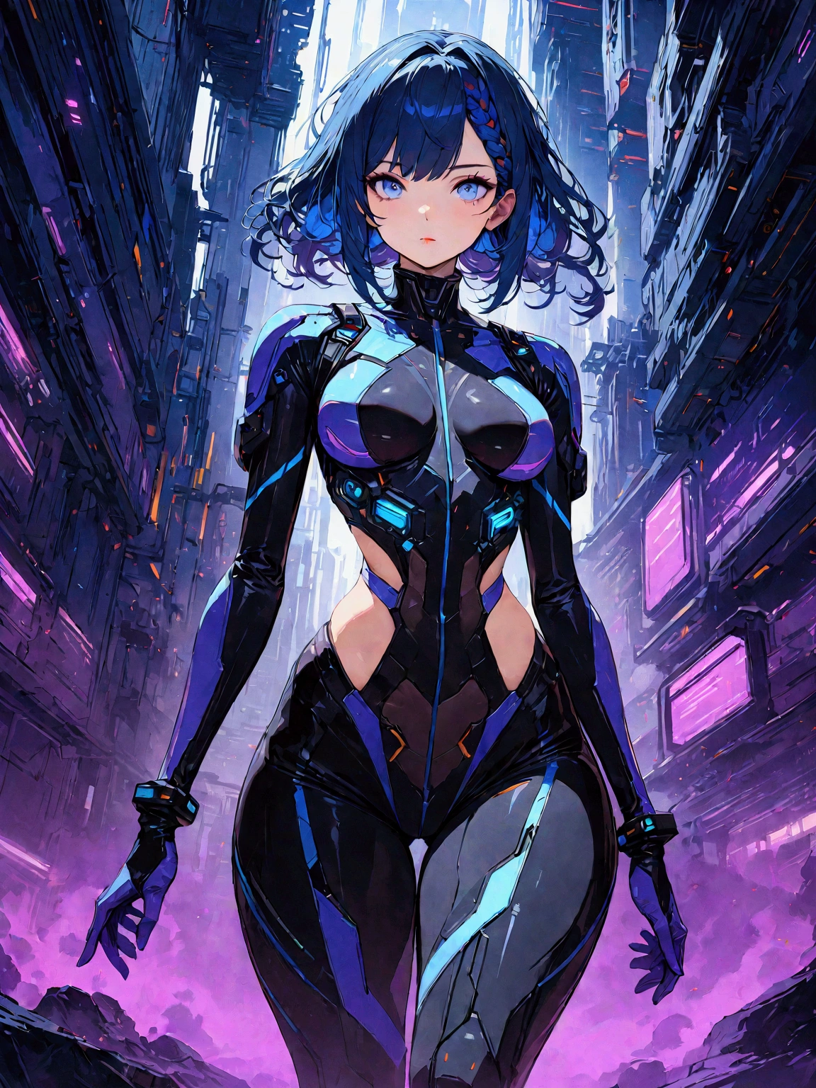 a beautiful girl with midnight blue eyes and midnight blue hair, circuits running through her skin, braided hair, wearing a uniform, with a curvy figure and full hips, in a scifi suit with outer thigh cutout, (best quality,4k,8k,highres,masterpiece:1.2), digital art, futuristic, dark sci-fi, moody lighting, dramatic colors, deep blue and purple tones