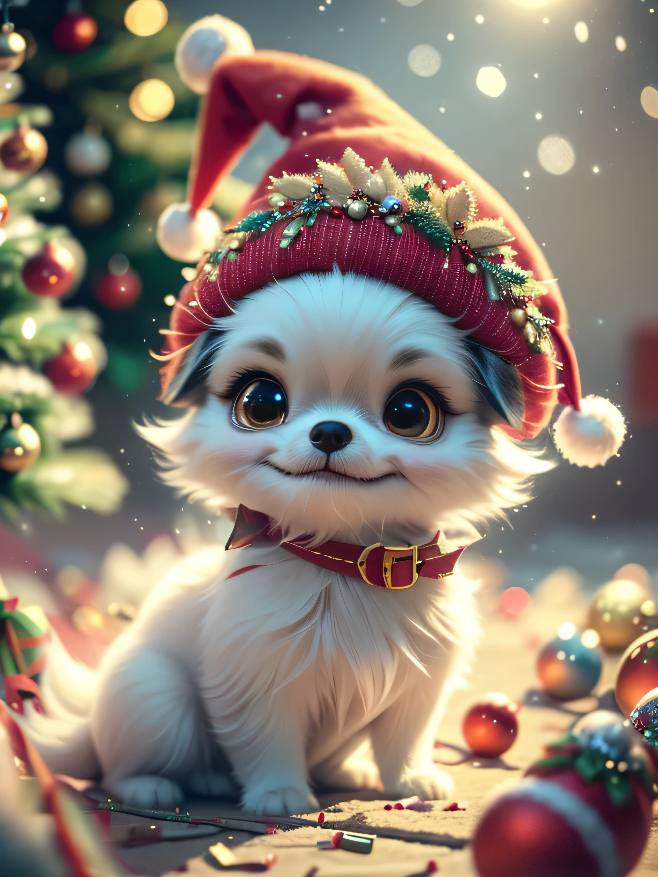 A beautiful, adorable  Chihuahua wearing a Santa hat made entirely of soft, light pink clouds, rests peacefully in a bed of fluffy clouds. The babyhuahua wearing a Santa hat has a gentle, serene expression on his face as he sleeps, with his soft, dream-like appearance. The surrounding clouds are colored in pastel shades of lilac and silver, creating a warm and dreamy atmosphere. The entire scene is bathed in a soft, ethereal light, enhancing the magical and fantastical quality of the image. The baby Chiua wearing a Santa hat should appear as a seamless part of the cloudscape, blending perfectly with the surrounding clouds, yet maintaining distinct, realistic features that enhance his cuteness and charm. Hyperrealistic, splatter art, conceptual art, medium ground, intricate detail, color depth, vibrant colors, dramatic, 2/3 field of view, side light, colorful background. Christmas lights in the background and a Christmas tree. Christmas theme, blurred background, fantasy, Gouves style artwork, Realism: 1.37, (super fine fantasy art), Masterpiece, high quality design & accurate physics, (super accurate fantasy style)) art, dark fantasy style)), super accurate design & accurate physics), color, depth of field, shadows, ray tracing, (accurate simulation of the interaction of light and materials)], intricate Christmas decorations, glowing garlands, sparkling decorations, natural light, soft background, photorealistic, sparkling eyes, sharp focus, glowing skin, cute & naughty look, hint of mischief, dreamy atmosphere, super glossy effect, fine details, soft ambient light, (Backlight: 1.3), (Cinematic: 1.2), intricate details, (ArtStation: 1.3)