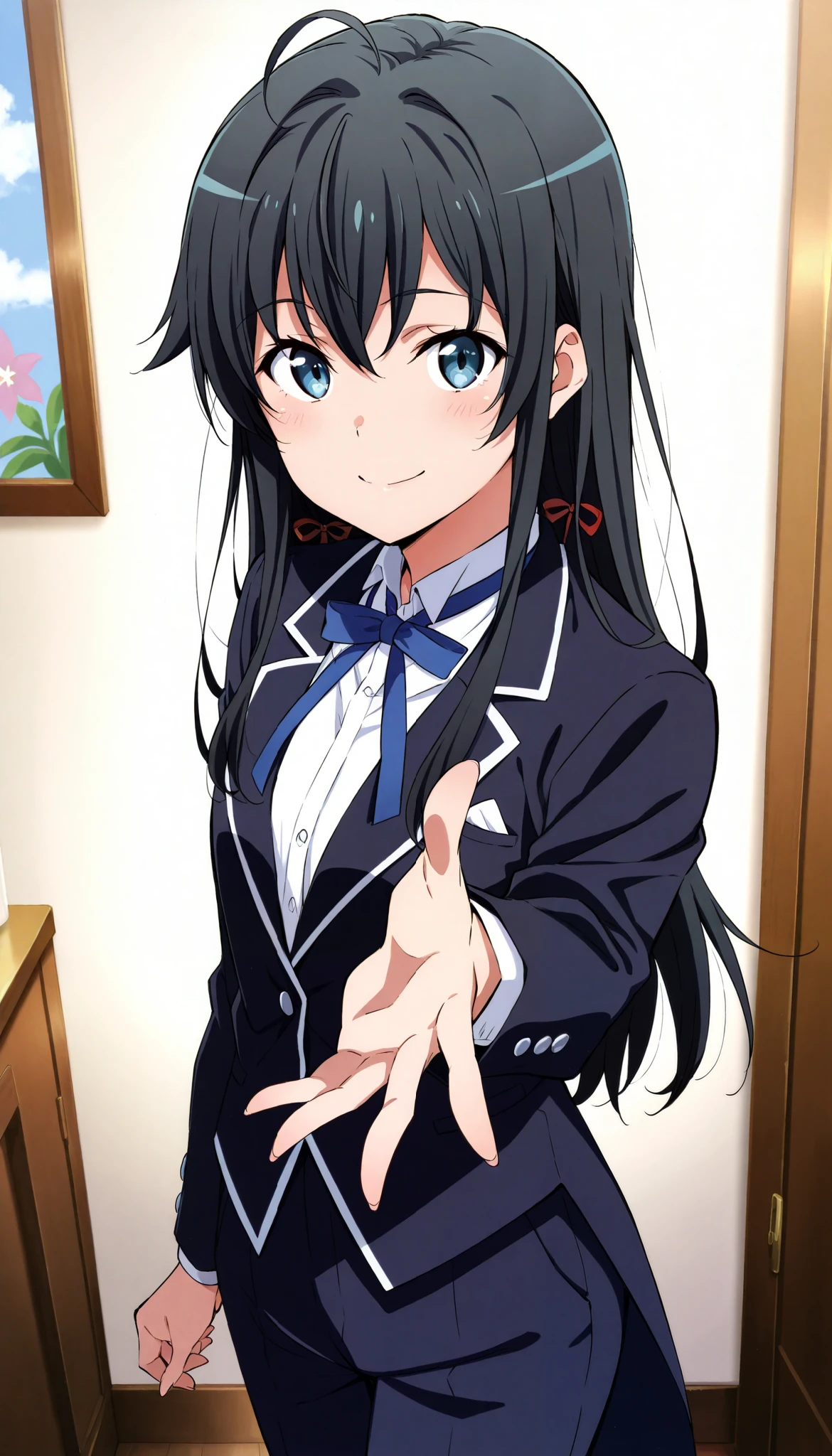 score_9, score_8_up, score_7_up, score_6_up, score_5_up, score_4_up1girl, solo, yukinoshita yukino,, suit tuxedo , , long hair, bangs, sidelocks, indoors, standing,happy,smile,looking at viewer, cowboy shot, blue tie woman in formal attractive suit tuxedo tailcoat standing in a large alcove in the room, , reaching towards viewer , one hand , badass , hand on back