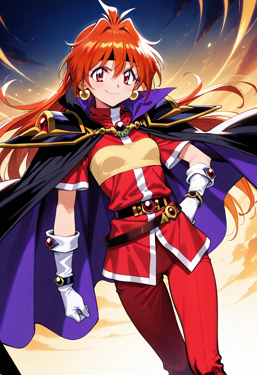 A highly detailed and high resolution image of "Lina Inverse" [from Slayers]; A shirt, petite red-haired sorceress with medium length hair; cute, wearing a a red and yellow tunic, shoulder pauldrons inset with rubies, a black cloak, a belt, red pants, gloves; she has a mischievous smirk on her face as she is casting a spell "Dragon Slave"; background of magical arcane runes as energy vortices swirl around as she is preparing to cast "Dragon Slave"; BREAK: quality\(8k,wallpaper of extremely detailed CG unit, high resolution, top-quality, top-quality real texture skin, hyper realistic, increase the resolution, RAW photos, best quality, highly detailed, the wallpaper, golden ratio, high saturation realism, vibrant colors, dramatic lighting, persuasive storytelling, atmospheric scenery, captivating visuals, intricate details, strong emotions, dreamlike world\),(dynamic angle:1.4)