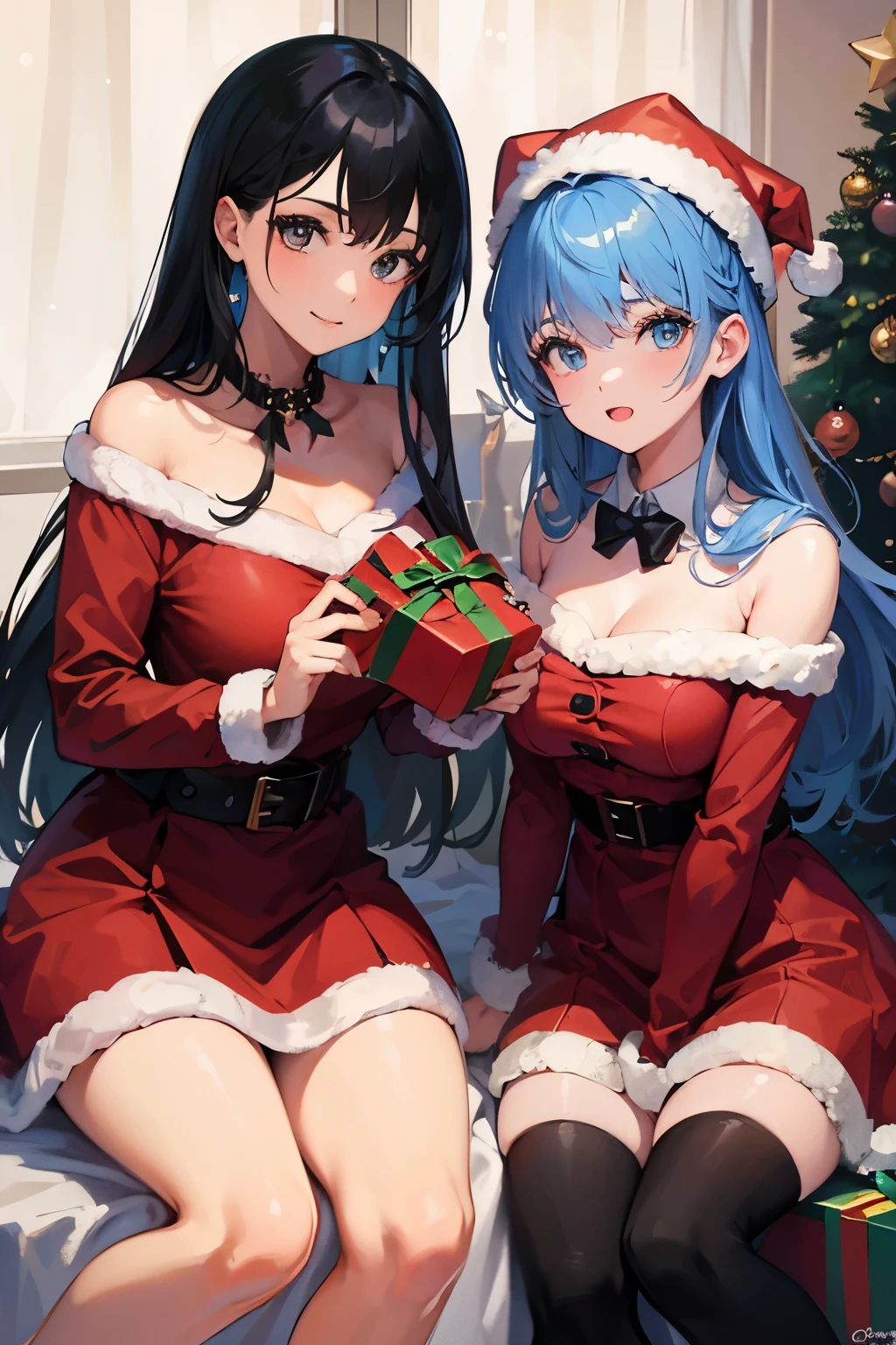 ((masutepiece, Best Quality, hight resolution, Perfect Pixel, 4K)), multiple girls, 2girls, full body seen, ((Beautiful eyelashes, Realistic eyes)), ((Detailed face, Blushing:1.2)), ((Smooth texture:0.75, Realistic texture:0.65, Photorealistic:1.1, Anime CG style)), Dynamic Angle, Perfect body, ((Santa Claus Costume, Red knitted hat, red and white off shoulder sweater, red and white flared skirt, Black garter stockings, Shy smile)), Classrooms without people, Sit on a desk, I took my foot off the desk, ((Angle looking up from below)), Very embarrassing panic smile, Lift your  with your hands, Open both  your knees wide,  white floral lace panties, BREAK euladef, short hair, BREAK amber5star,