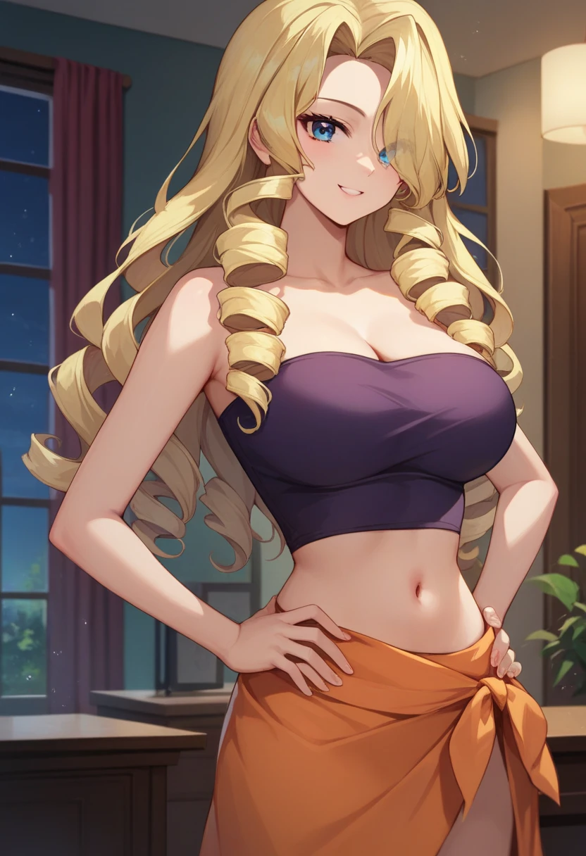 masterpiece,best quality, highly detailed, score_9, score_8_up, score_7_up, score_6_up,source anime,BREAK
  mai, Oriana, 1girl, blonde hair, drill hair, long hair, hair over one eyes, blue eyes, large breasts, dark purple tube top, midriff, sarong, dark orange skirt, navel, hands on own hips, looking at viewer, indoors, night time, luxury room, smile