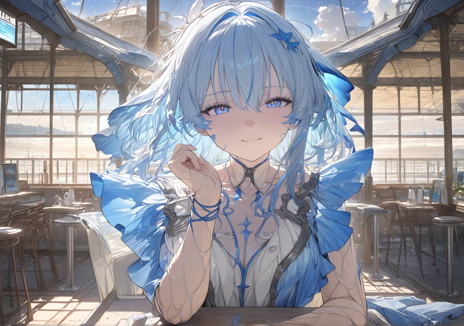 1 girl, A light blue haired girl, (detailed anatomical features, anime style:1.2), (best quality,4k,8k,highres,masterpiece:1.2),ultra-detailed, stunning lighting, soft colors, glowing skin, anime, anime style, on date, POV, blue eyes, shorekeeper, cafe, UHD, retina, masterpiece, accurate, anatomically correct, textured skin, super detail, high details, high quality, award winning, best quality, highres, 16k, light smile, happy, expressions, sweater, perspective
