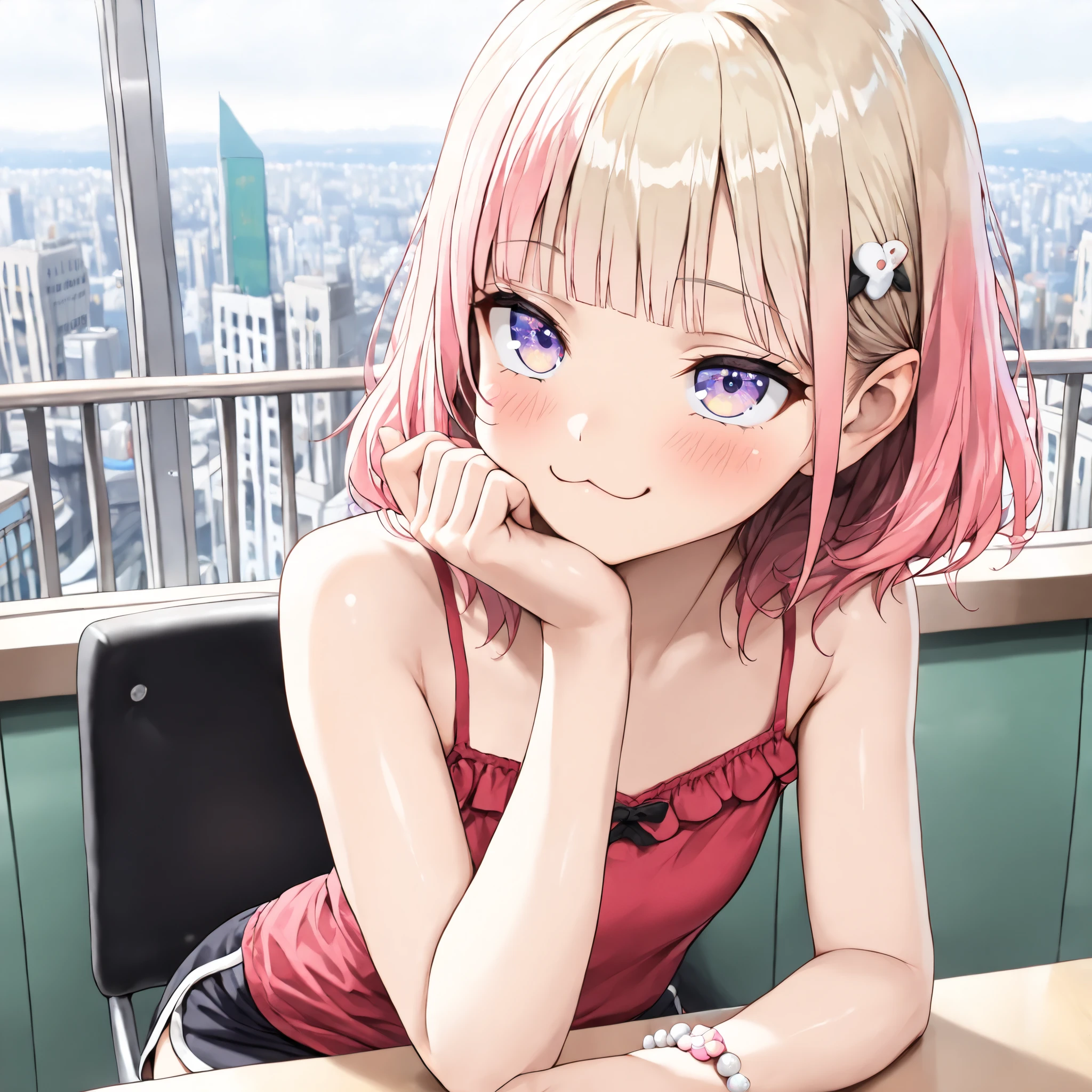 ((Masterpiece)), ((best quality)), (8K), (wide shot), (detailed background:1.2), (super detail:1.2),(High Definition:1.3), (Professional Photography:1.2), (very aesthetic:1.2), (absurdres:1.2), (sharp focus), ((1girl)), Girl, Textured skin, Realistic skin, Glossy hair, (loose blunt bangs), blonde medium hair, (loose pigtail, fluorescent-pink colors Hair Tip), (glitter eyes), big eyes, blush, (:3), (smug), (pale purple eyes, gradient eyes, upturned eyes), (cute cheeks), glossy lips, (lower eyelashes), BREAK, (cute ruffled Crimson-red camisole), dolphin shorts, (small chest), (Healthy Gaunt body), bare arms, Fine gemstone bracelet, (cheek rest), loose sitting on chair, summer day, (the Stylish Cafe Terrace), Beautiful cityscape Background,