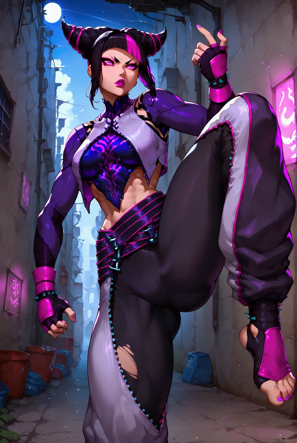 Expressiveh, eye catching, Juri Han, purple eyes,thick,curvy, black hair, purple eyes, black hair, bangs, hair horns, multicolored hair,streaked hair, makeup, lipstick,Fighting stance, standing on one leg, intense, action poses, dynamic angles, torn clothing, street alley, spectacular night sky background,