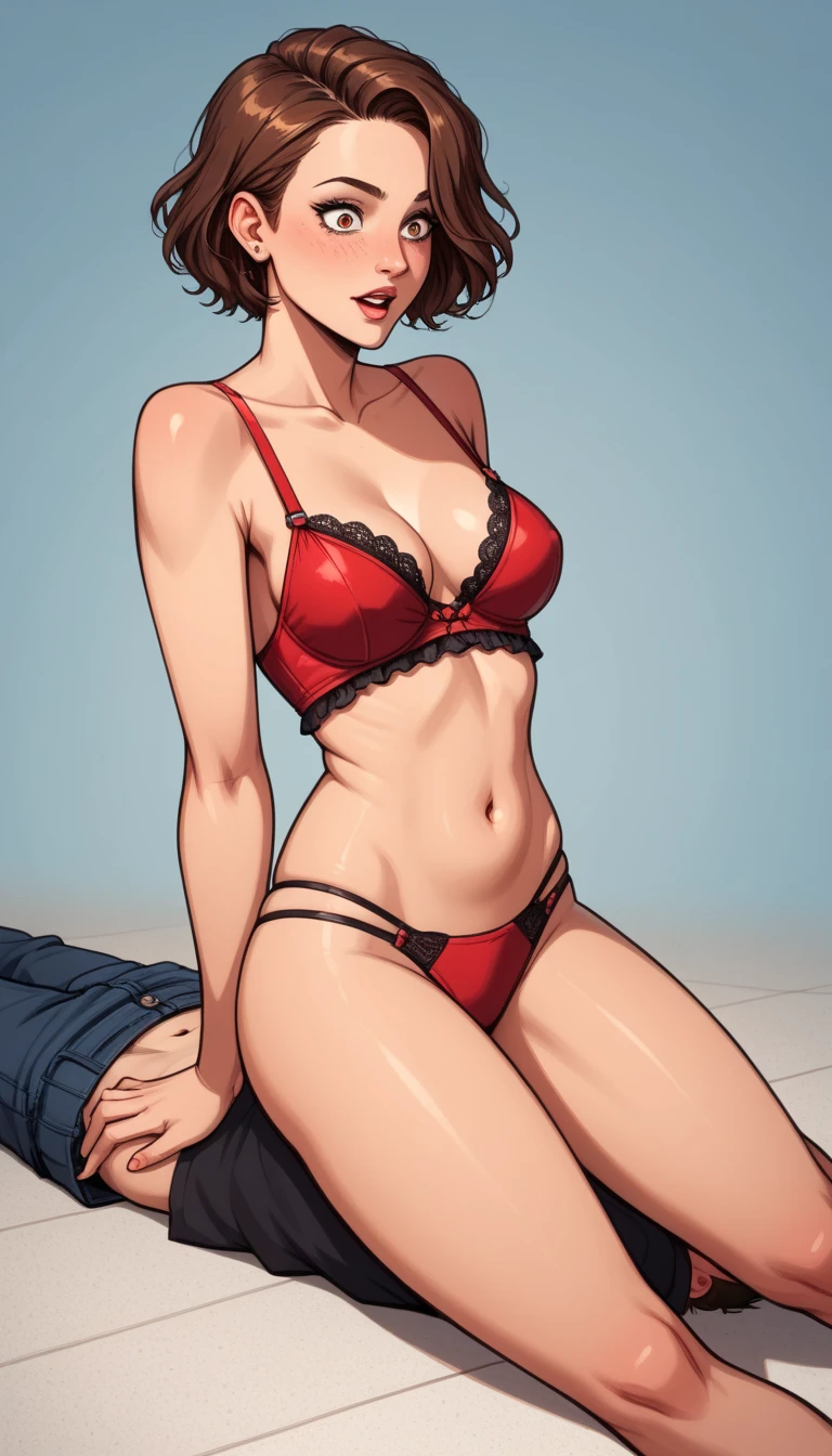 Beautiful brown-eyed woman , , thick thighs , red swimsuit , blushyspicy, perfect legs , intricately detailed illustration, Design de cor exquisito , ( best quality , ultra detailed top), Tall details, to break,, (revscs), vs a boy , direct, Lying on the floor , ,woman on top , 69, neste, , Asphyxia, Tighten your thighs , face crush , crushed cheek, leg lock, between the thighs , lying on top of a person , , looking back , surprised, small, adjust,cute face, detailed expressions , Detailed faces , short hair, fringe, creamy skin, pale skin, applauding, , soft shading , masterpiece , refined, Award Winning Illustration, incredible composition ,cartoon style