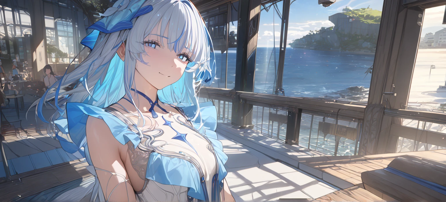 1 girl, A light blue haired girl, (detailed anatomical features, anime style:1.2), (best quality,4k,8k,highres,masterpiece:1.2),ultra-detailed, stunning lighting, soft colors, glowing skin, anime, anime style, on date, POV, blue eyes, shorekeeper, cafe, UHD, retina, masterpiece, accurate, anatomically correct, textured skin, super detail, high details, high quality, award winning, best quality, highres, 16k, light smile, happy, expressions, sweater, perspective