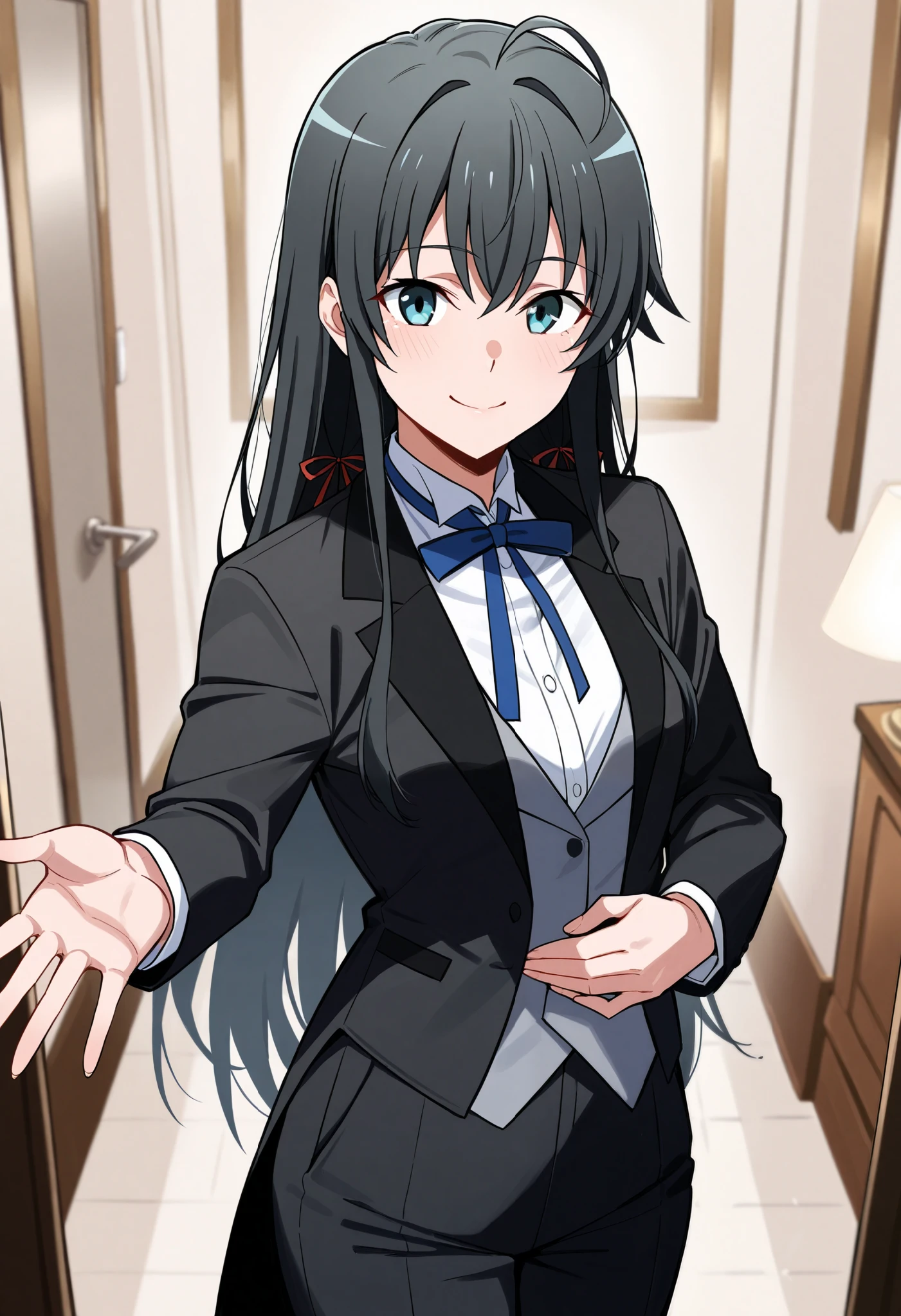 score_9, score_8_up, score_7_up, score_6_up, score_5_up, score_4_up1girl, solo, yukinoshita yukino,, suit tuxedo , , long hair, bangs, sidelocks, indoors, standing,happy,smile,looking at viewer, cowboy shot, blue tie woman in formal attractive suit tuxedo tailcoat standing in a large alcove in the room, , reaching towards viewer , one hand , badass , hand on back