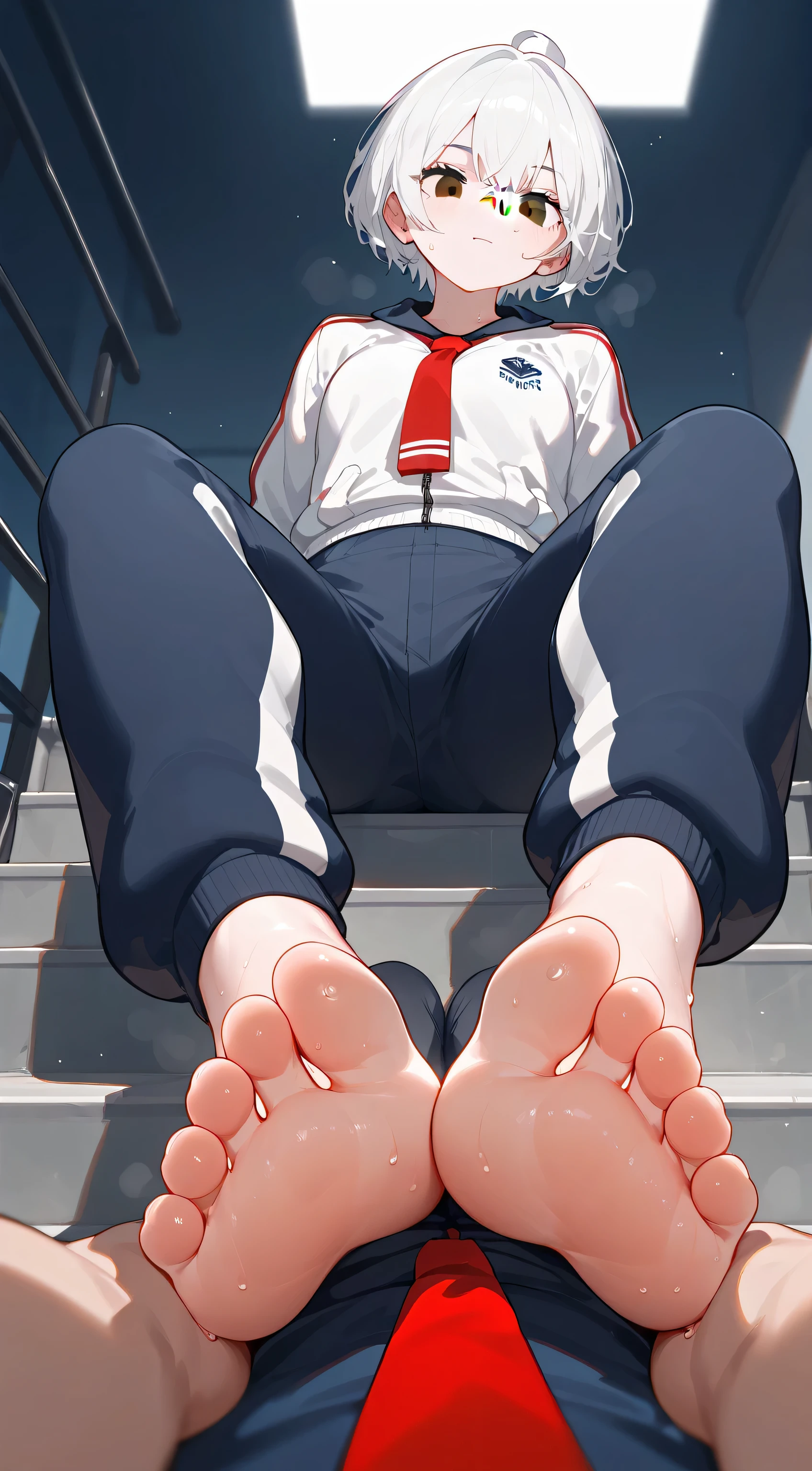 Stairway ， A girl sits on the stairs showing the soles of her feet，Bend your legs，Foot Focus， white hair，Short hair，Sweating soles of feet， black eyes，The girl has a band-aid on her nose ，The girl wears a red tie around her neck，sportswear school uniform ， white sports jacket，dark blue sleeve ， dark blue tracksuit pants with white stripes ，The girl's foot is on the man's stomach，Man wearing pants， low angle from the floor， low angle， first-person view，