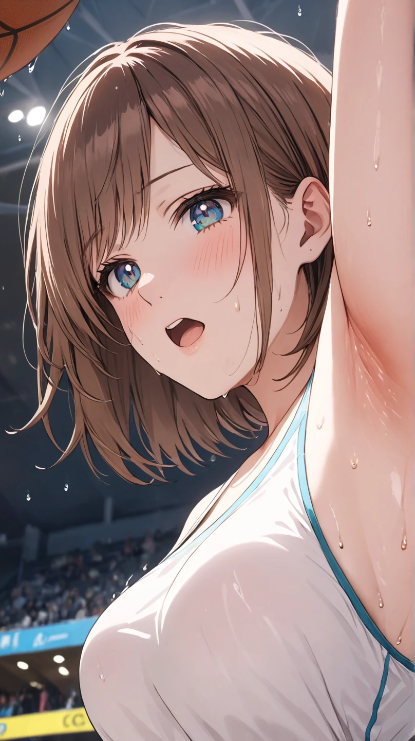 masterpiece,  top quality , A Beautiful Woman ,  white skin, Female Body, Mid-chest,  bright eyes, No cutouts, ( gym background ), illustration style, (8k,  cinematic  elements,  realistic ,  Sharp Focus),  complex background,  cinematic , 3-part construction , Backlight,  Intricate Details, E Cup(Kano chinatsu,Brown Hair, Shorthair),adult, One Woman , alone,Dense and beautiful body , beautiful character design,16k,((Half-open, open your mouth,(a large amount of sweat,sweat, Big Breasts ) beautiful eyes down to the smallest detail,Armpits,(( Staring at the Audience )),(( ecstatic face)),((Eyes half closed, open your mouth)) , wet body,sweat((Draw in detail how her cheeks are red and embarrassed)),armpit,(sweat floating in front of the body,wet body),From below,Armpits,腋sweat,High school gym, basket goal, basketball uniform,blush