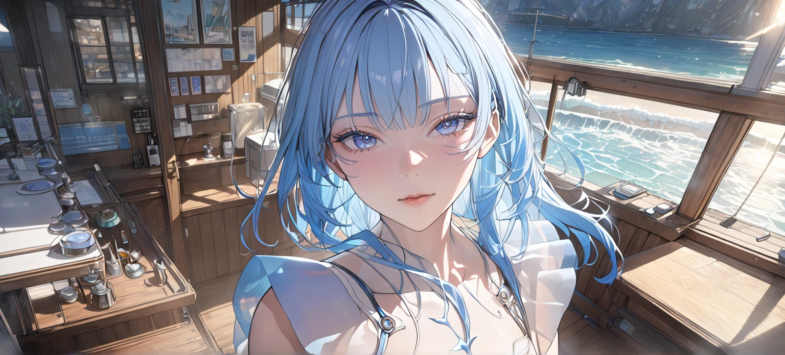 1 girl, A light blue haired girl, (detailed anatomical features, anime style:1.2), (best quality,4k,8k,highres,masterpiece:1.2),ultra-detailed, stunning lighting, soft colors, glowing skin, anime, anime style, on date, POV, blue eyes, shorekeeper, cafe, UHD, retina, masterpiece, accurate, anatomically correct, textured skin, super detail, high details, high quality, award winning, best quality, highres, 16k, expressions, sweater, perspective