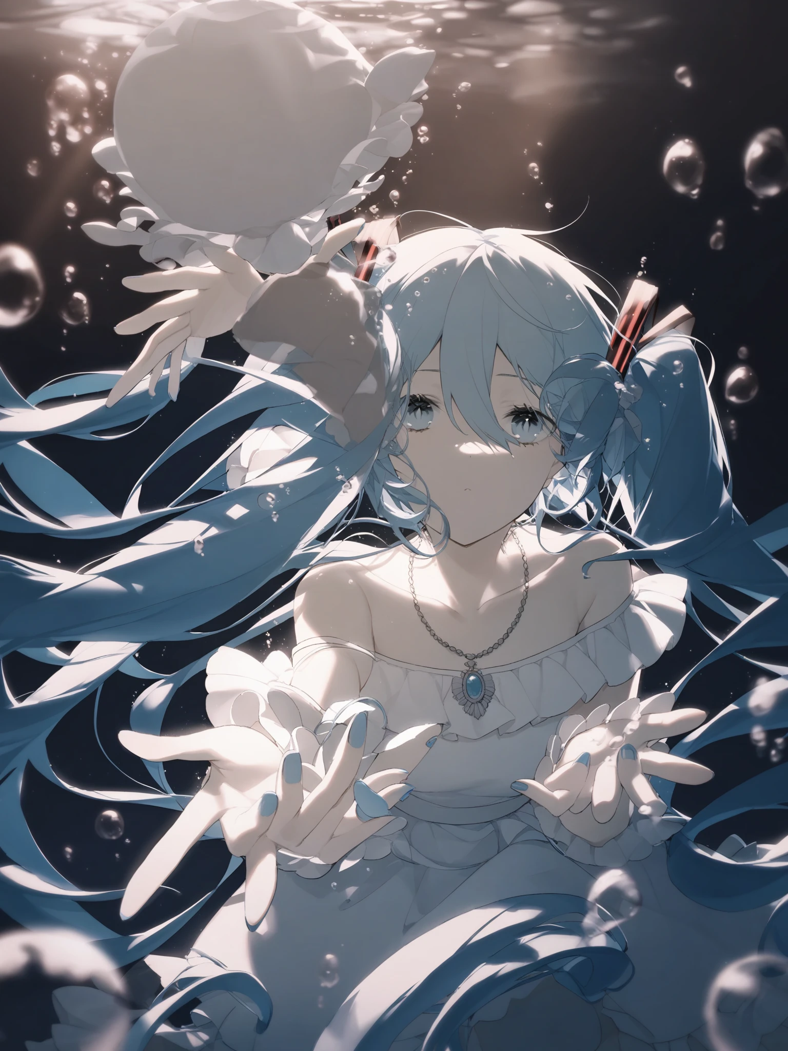  hatsune miku ,set, Accessories ,Long hair,bubble,necklace,white set,Twintail, underwater ,reaching, blue eyes ,1 girl,air bubble, single focus ,Blue hair, collarbone , hair between eyes , bare shoulders ,Vent,Blurred,Blue theme,frilled set,I&#39;m floating,Reach out to the audience,Blurred foreground,off-shoulder set,very Long hair,depth of field, , blue nails ,Bow,hair Bow,Hands stretched out,จมอยู่ underwater ,Off Shoulder,