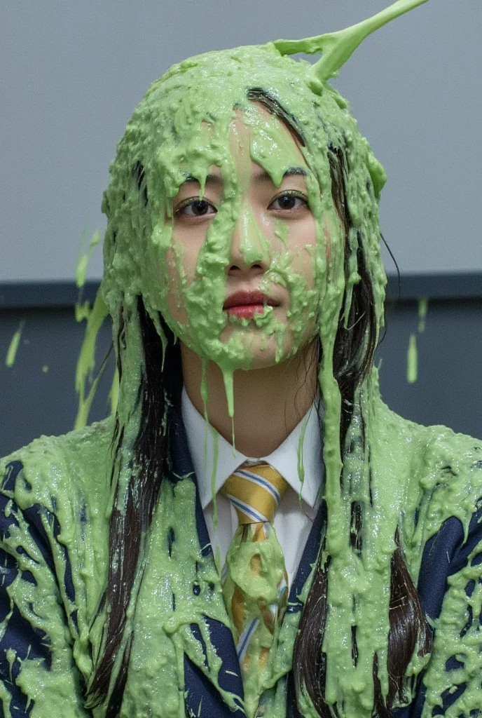 DSLR photograph. Beautiful Chinese woman covered in green water. Photorealistic. Wet liquid. Nasty slime. Raw photo. New York City streets. Daytime. Green Slime. Dripping green goo. 21 years old. (Asian: 1.1). pigtails. Green water. Portrait photo. Beautiful Asian face. (Cleavage: 1.2).  Necktie. Schoolgirl uniform. School blazer.