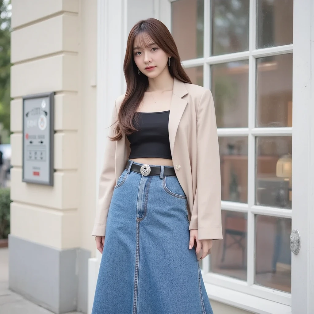 Chinese girl, 22 years old, white, cm .185 White skin, with a natural and symmetrical heel, wearing a beige suit, a long denim skirt +Prada long jeans belted with a sexy release, paired with a black cropped top inside and black long boots. The dress feels both formal and fashionable.