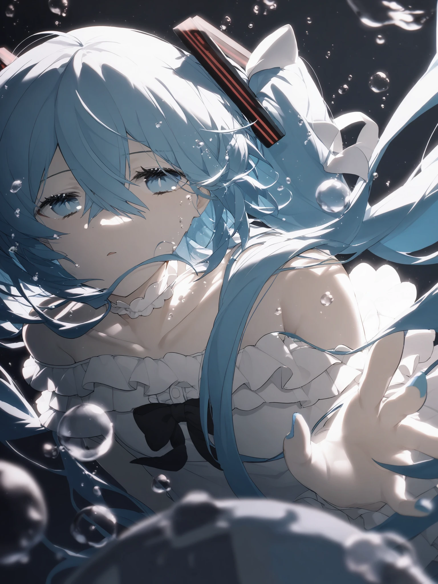  hatsune miku ,set, Accessories ,Long hair,bubble,white set,Twintail, underwater ,reaching, blue eyes ,1 girl,air bubble, single focus ,Blue hair, collarbone , hair between eyes , bare shoulders ,Vent,Blurred,Blue theme,frilled set,I&#39;m floating,Reach out to the audience,Blurred foreground,off-shoulder set,very Long hair,depth of field, , blue nails ,Bow,hair Bow,จมอยู่ underwater ,Off Shoulder,