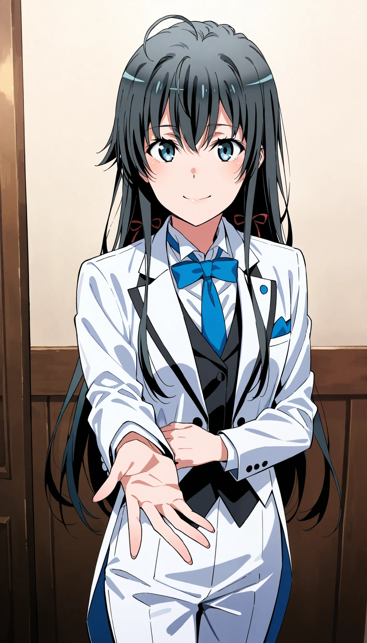 score_9, score_8_up, score_7_up, score_6_up, score_5_up, score_4_up1girl, solo, yukinoshita yukino,, suit tuxedo , , long hair, bangs, sidelocks, indoors, standing,happy,smile,looking at viewer, cowboy shot, blue tie woman in formal attractive suit tuxedo tailcoat standing in a large alcove in the room, , reaching towards viewer , one hand , badass , hand on back