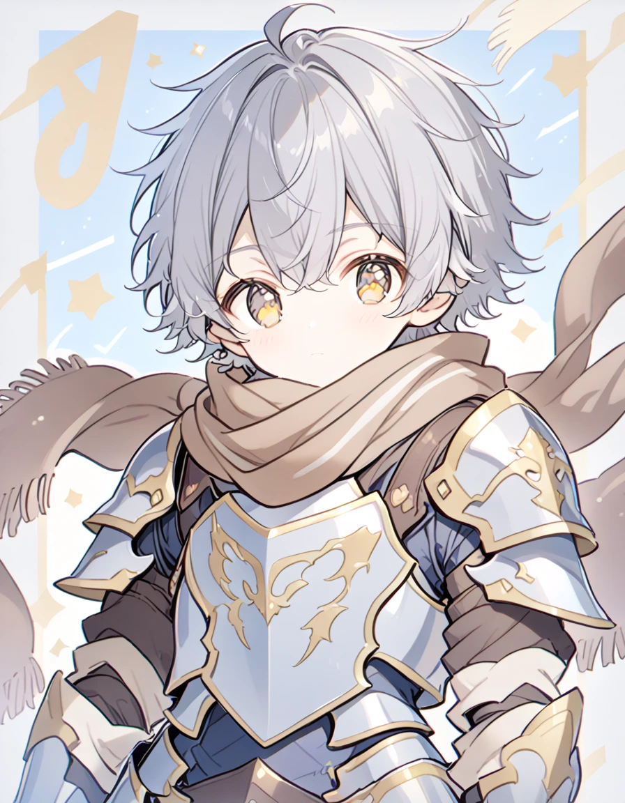 Detailed 8k cute theme , Boy in the scarf , short shaggy silver hair and golden eyes wearing armor