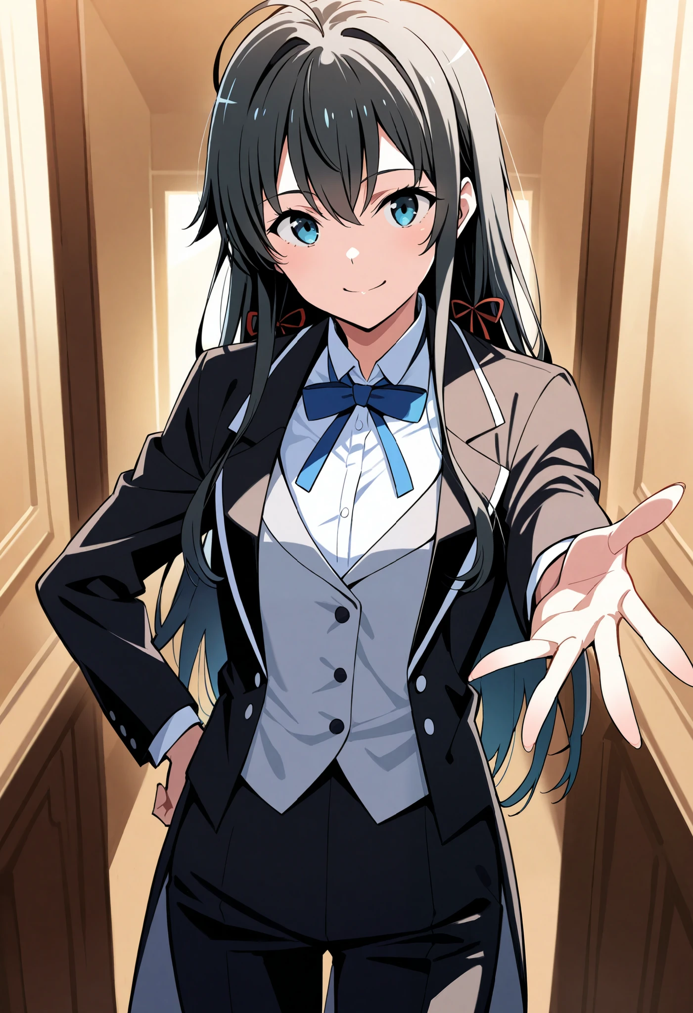 score_9, score_8_up, score_7_up, score_6_up, score_5_up, score_4_up1girl, solo, yukinoshita yukino,, suit tuxedo , , long hair, bangs, sidelocks, indoors, standing,happy,smile,looking at viewer, cowboy shot, blue tie woman in formal attractive suit tuxedo tailcoat standing in a large alcove in the room, , reaching towards viewer , one hand , badass , hand on back