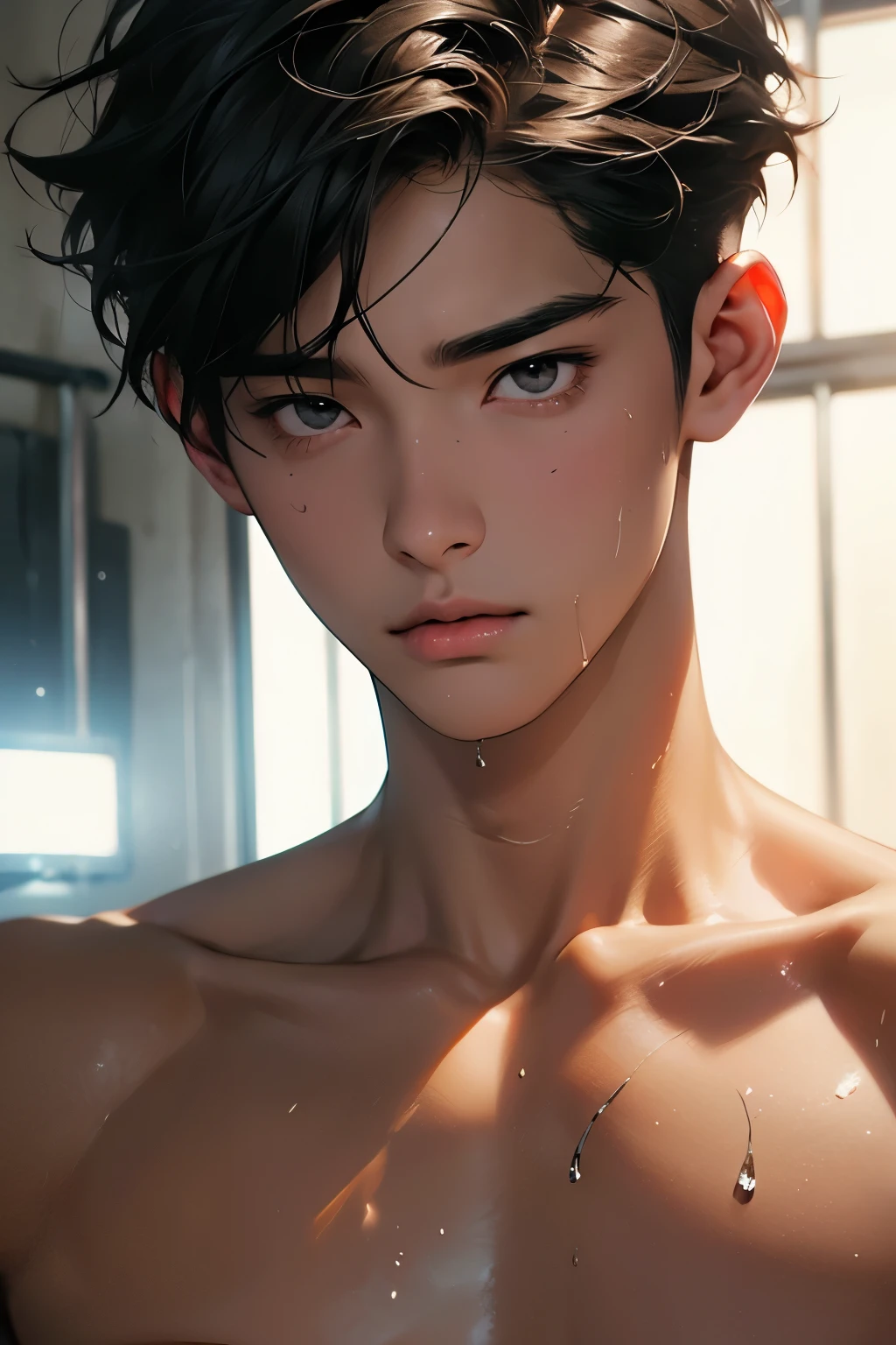 boy, Edgy boy, gorgeous boy face, showing dominance, skinny body, shirtless, male, fair skin, sweating wet, armpit (best quality,4k, 8k, higher, masterpiece:1.2), ultra-detailed, (realistic, photorealistic, photo-realistic:1.37), chiaroscuro lighting, dramatic shadows, cinematic, highly detailed