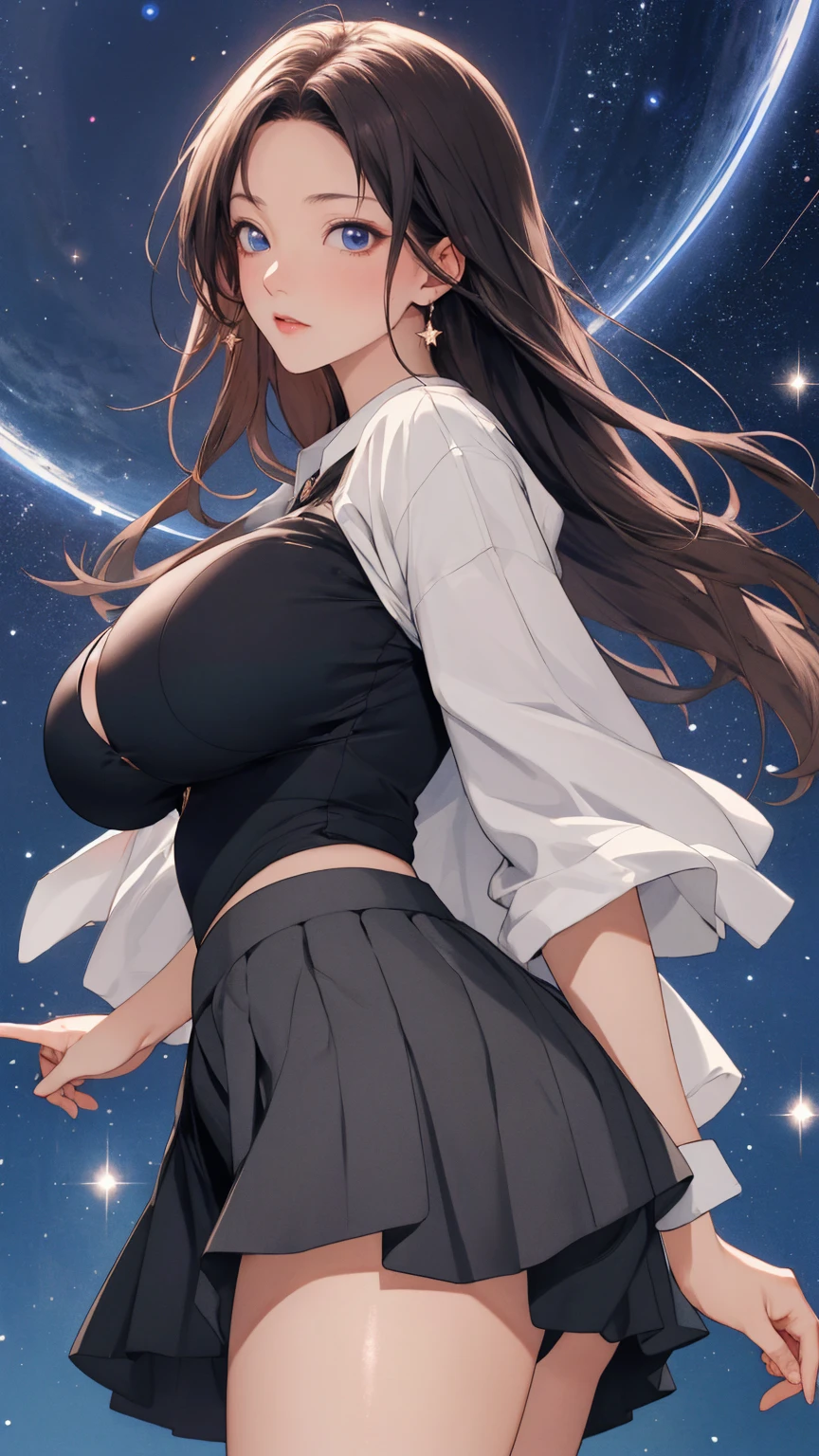 fujisawa_ayana, huge_breasts, standing, solo, starry_sky, skirt_suit,, masterpiece, best_quality, detailed_face, detailed_eyes, highres, beautiful, detailed, absurdres,