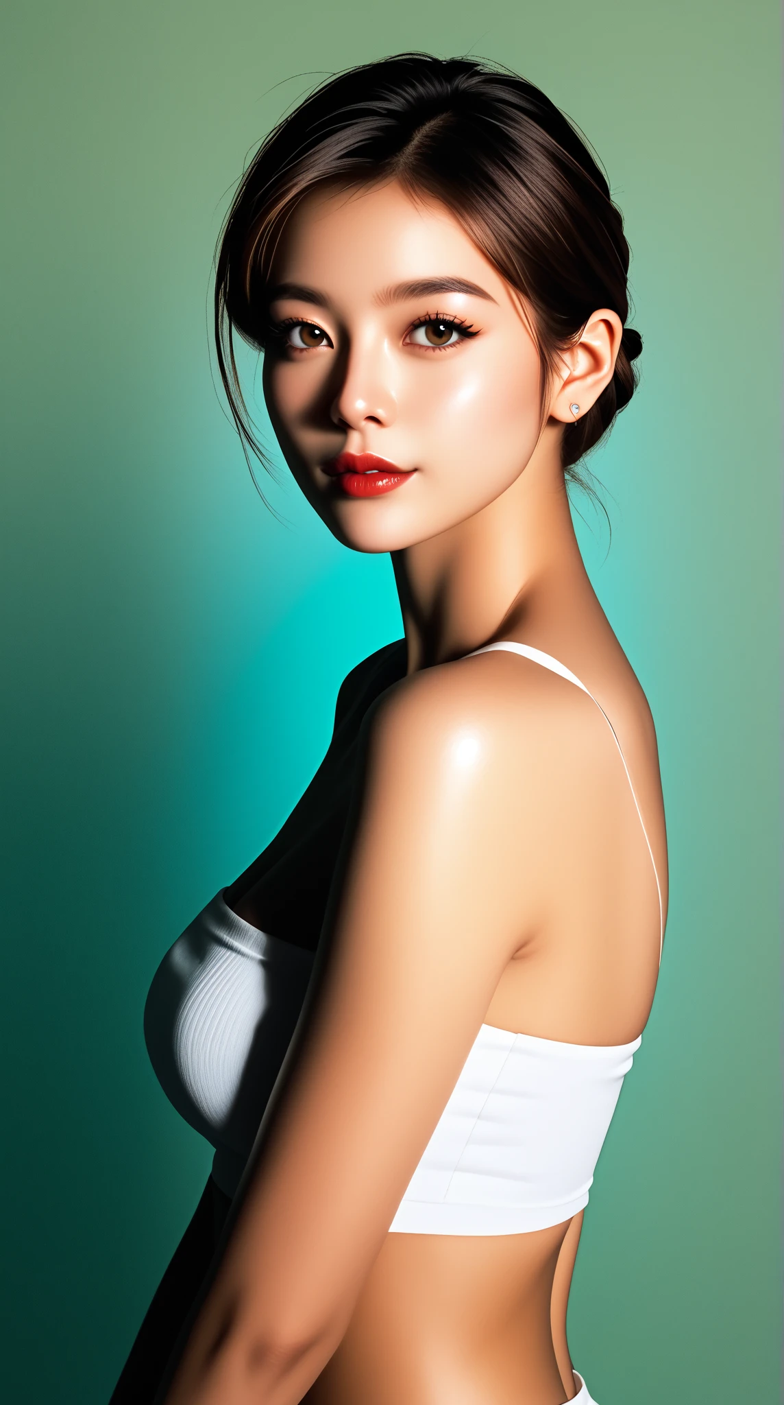 A stunning portrait of an elegant asian woman, showing off her impressive cleavage and curvy buttocks. Her perfectly symmetrical eyes seem to shine under the soft, edge ambient lighting, projecting a warm glow on your hyper-realistic skin texture. 8K DSLR Camera Captures Every Detail, from the subtle brush strokes similar to those of an oil painting to the layers of shadows reminiscent of the work of Carne Griffiths.. The Fujifilm XT3&#39;s high-quality sensor produces a masterpiece with rich, Deep colors and sharp focus draw the viewer in. The composition is perfect, Adhere to the golden ratio, creating a feeling of balance and harmony. This award-winning photograph is a true masterpiece., reminiscent of the captivating art of Jeremy Mann, tight tube top, 