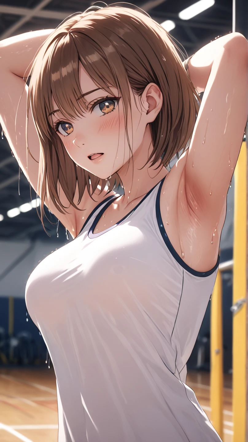 masterpiece,  top quality , A Beautiful Woman ,  white skin, Female Body, Mid-chest,  bright eyes, No cutouts, ( gym background ), illustration style, (8k,  cinematic  elements,  realistic ,  Sharp Focus),  complex background,  cinematic , 3-part construction , Backlight,  Intricate Details, E Cup(Kano chinatsu,Brown Hair, Shorthair),adult, One Woman , alone,Dense and beautiful body , beautiful character design,16k,((Half-open, open your mouth,(a large amount of sweat,sweat, Big Breasts ) beautiful eyes down to the smallest detail,Armpits,(( Staring at the Audience )),(( ecstatic face)),((Eyes half closed, open your mouth)) , wet body,sweat((Draw in detail how her cheeks are red and embarrassed)),armpit,(sweat floating in front of the body,wet body),From below,Armpits,腋sweat,High school gym, basket goal, high school uniform ,blush