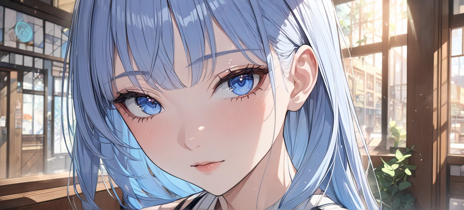 1 girl, A light blue haired girl, (detailed anatomical features, anime style:1.2), (best quality,4k,8k,highres,masterpiece:1.2),ultra-detailed, stunning lighting, soft colors, glowing skin, anime, anime style, on date, POV, blue eyes, cafe, UHD, retina, masterpiece, accurate, anatomically correct, textured skin, super detail, high details, high quality, award winning, best quality, highres, 16k, expressions, sweater, perspective,  unaestheticXL_cbp62 , HDA_CableKnitXL, NegPDXL-DHP, Stable_Yogis_Animetoon_Negatives, Stable_Yogis_Animetoon_Negatives-neg