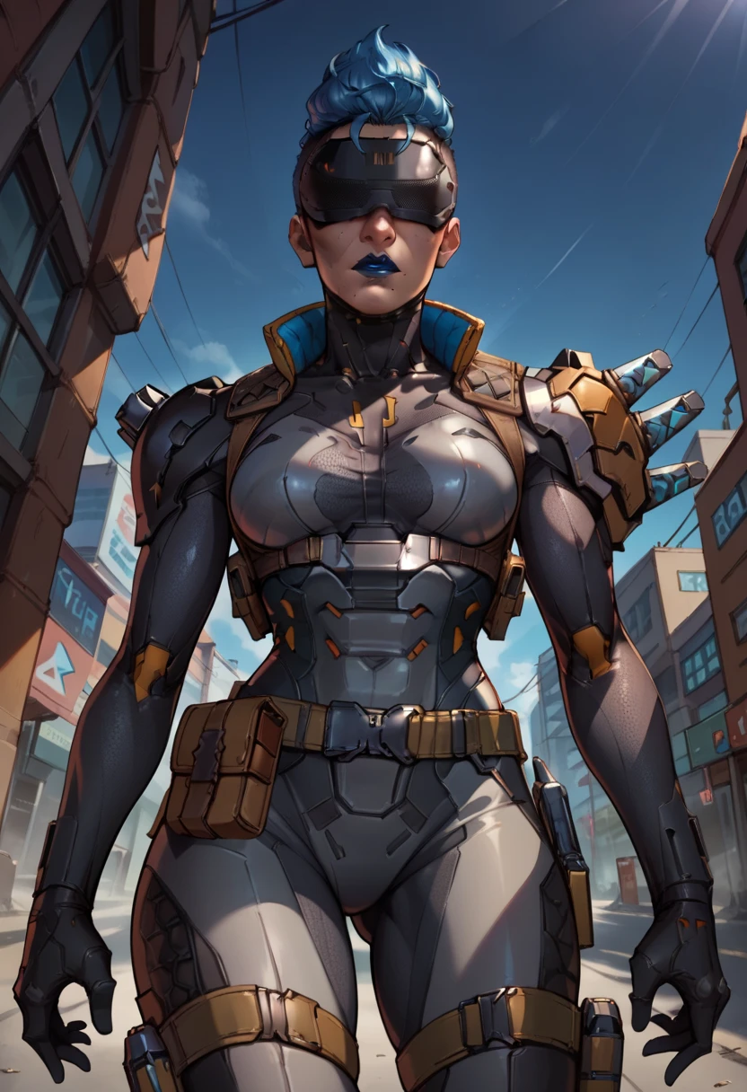 score_9, score_8_up, score_7_up, score_6_up, source anime, BREAK 1girl, solo, mature girl, adult, mad maggie, \(apex legends\),black hair, hair bun, blue eyes, no pupil, seductive, makeup, looking a viewer, medium breasts, below ,blue hair, mohawk, belt pouch, armor, no eyes,hidden eyes,shoulder spikes,visor,blue lips,black gloves,cyborg,mechanical legs,medium breasts,boots, cyberpunk streets