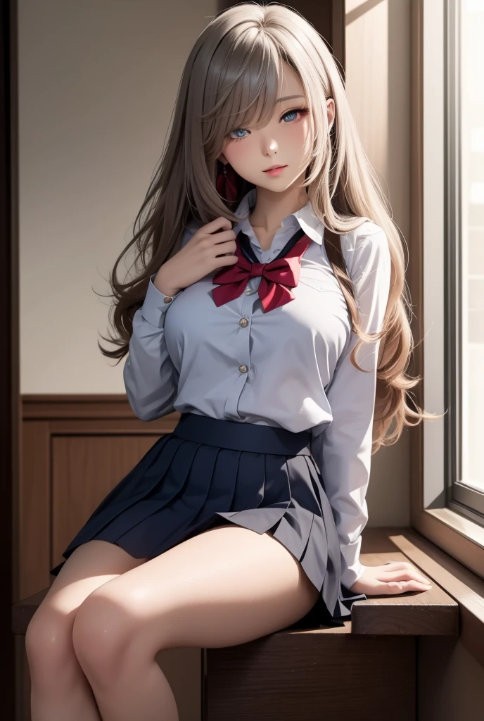 (Fantasy Art,Highest image quality,Hyperrealist portrait,(8K),Ultra-realistic,Best Quality, High quality, High Definition, high quality texture,high detailing,Beautiful detailed,fine detailed,extremely details CG,Detailed texture,realistic representation of face,masutepiece,presence,Dynamic,Bold),1girl in,Ultra detailed skin,Curve,Petite,Beautiful breasts,Large breasts,pale skin,pointed breast,Erect nipples,Bob Hair,(Thin hair),(Soft hair),Swept long bangs,Extra bright coppery amber hair,Hair over one eye,School uniform,Squatting,Open legs,Back,NSFW,Breast squeeze,(Pornographic Images)