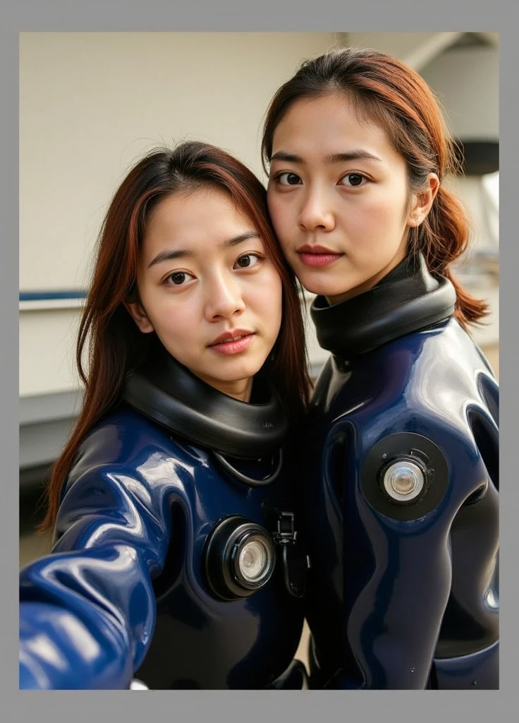 A documentary photo, Photo-realistic, ultra-realistic, (Japanese beautiful young woman, famous Japanese idol, boyish cool face:1.3), wetlook rubberish blue clothes,, she is a military diver of Japan navy, experienced military diver, wearing a professional wetsuits for military diver with professional scuba equipment, She is on a shlre, She is preparing to scuba dive for a lifesaving mission, there is a large battle ship behind her,, Natural Makeup, boyish face ,Front View:1.21, Perfect Anatomy:1.21, Small head:1.21, Slender body:1.37, Narrow waist:1.5, Thin limbs:1.5, Flat Chest:1.5, Anatomically correct limbs, Diving Suits drysuits (high smooth turtleneck collar), Fully equipped for diving, Very cute Japanese woman, Brown Hair, Chignon Hair, woman holds oval scuba mask, Calm sea in qinter, Dynamic and emotional movie lighting, 