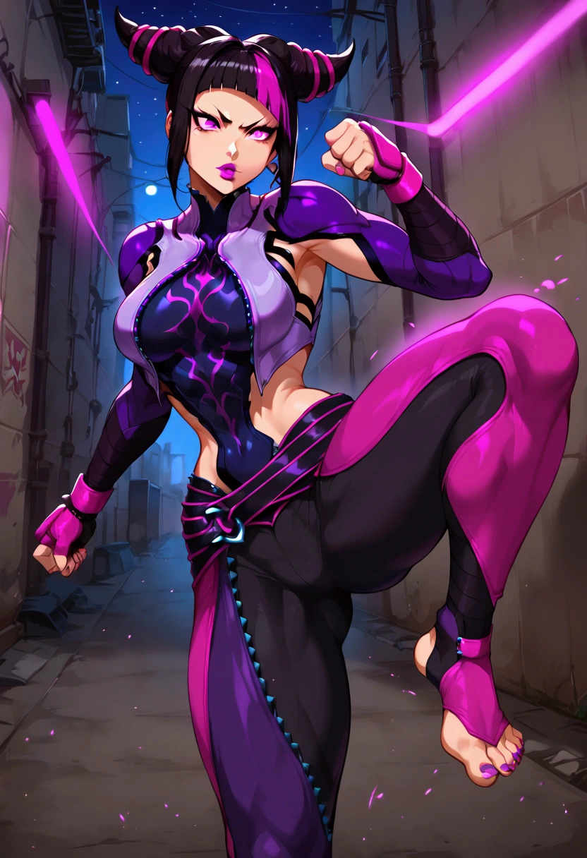 Full body image of Juri Han from Street Fighter 5, wearing her original outfit (black and purple bodysuit with spiked accents, barefoot with taped feet, and arm guards), short black hair styled in twin buns, female body, athletic and flexible body, dynamic pose, detailed pose, simple background, expressive face showing a mischievous grin, focus on face, line art, sketch