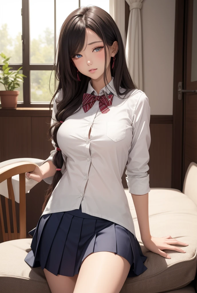 shirt(masterpiece:1.2, highest quality), (realistic, photorealistic:1.4), beautiful illustrations, looking at the viewer, full body, Front view:0.6, 1 girl, Japanese, high School girl, (long hair:1.5), blown hair, (half up, half updo), bangs, hair between eyes, big breasts:0.8, beautiful hair, beautiful face, detailed and beautiful eyes, beautiful clavicle, beautiful body, beautiful breasts, beautiful thighs, beautiful feet, beautiful fingers, (beautiful scenery), , School, ((collared short sleeve shirt, see-through:0.3, white shirt, , see-through Grey plaid pleated skirt)), white panties, (Are standing, ,broad view  breasts seeing, grab her shirt, the hem of the skirt, put your hand on your chest, hand between legs) NSFW