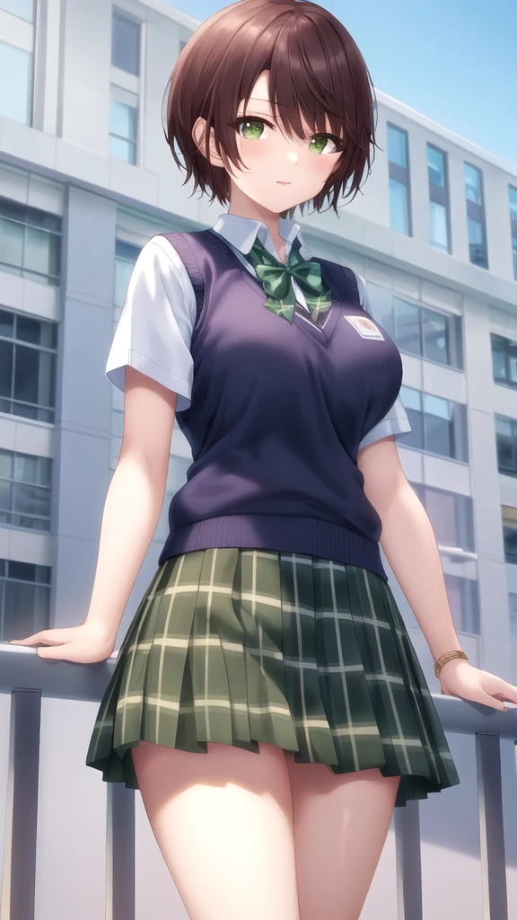 masterpiece, best quality, high quality, girl, solo, looking at viewer, yuuta_kadowaki, large breasts, school uniform, green bowtie, white shirt, short sleeves, sweater vest, yellow vest, plaid skirt, green skirt, standing, cowboy shot, outdoors