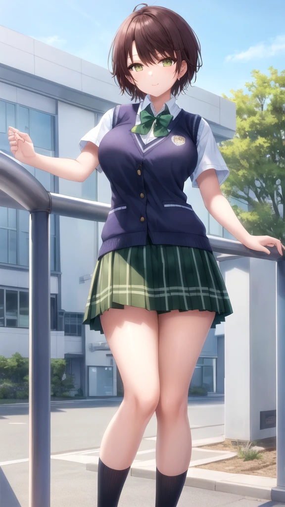 masterpiece, best quality, high quality, girl, solo, looking at viewer, yuuta_kadowaki, large breasts, school uniform, green bowtie, white shirt, short sleeves, sweater vest, yellow vest, plaid skirt, green skirt, standing, cowboy shot, outdoors