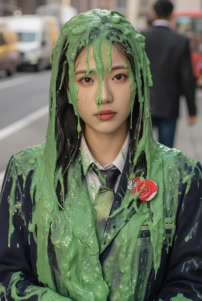 DSLR photograph. Beautiful Chinese woman covered in green water. Photorealistic. Wet liquid. Nasty slime. Raw photo. New York City streets. Daytime. Green Slime. Dripping green goo. 21 years old. (Asian: 1.1). pigtails. Green water. Portrait photo. Beautiful Asian face. (Cleavage: 1.2). School blazer.