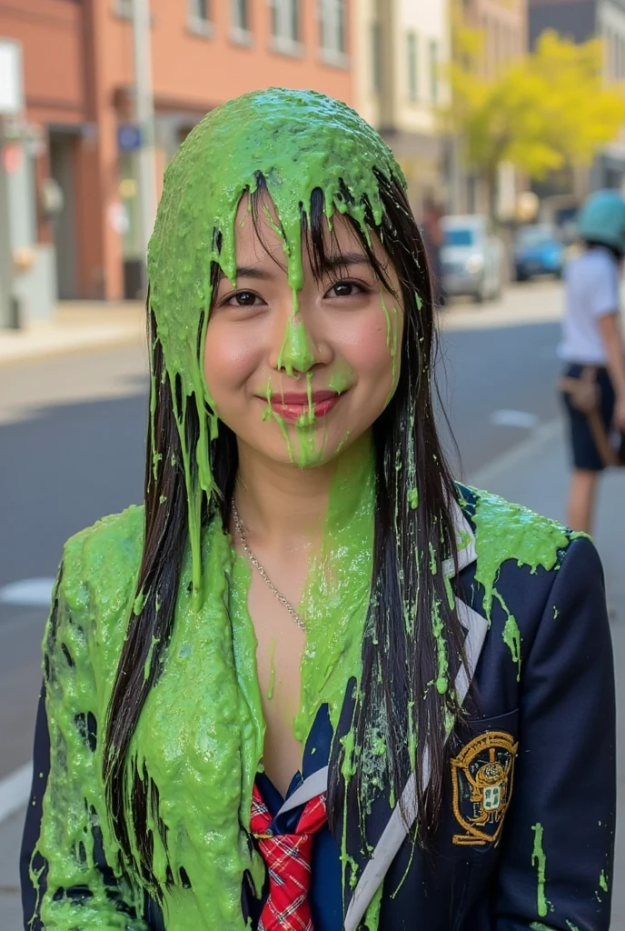 DSLR photograph. Beautiful Chinese woman covered in green water. Photorealistic. Wet liquid. Nasty slime. Raw photo. New York City streets. Daytime. Green Slime. Dripping green goo. 21 years old. (Asian: 1.1). pigtails. Green water. Portrait photo. Beautiful Asian face. (Cleavage: 1.2).  Necktie. Schoolgirl uniform. School blazer.