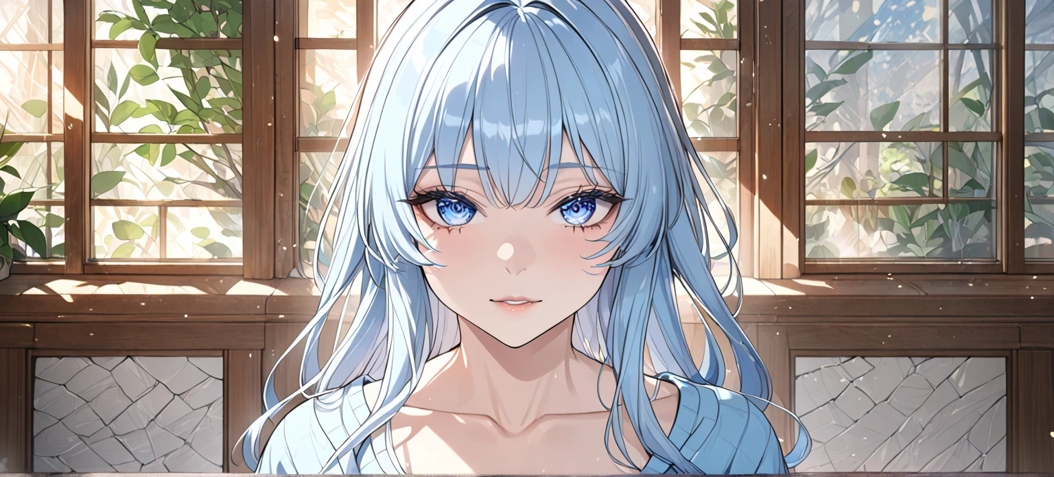 1 girl, A light blue haired girl, (detailed anatomical features, anime style:1.2), (best quality,4k,8k,highres,masterpiece:1.2),ultra-detailed, stunning lighting, soft colors, glowing skin, anime, anime style, on date, POV-date, blue eyes, cafe, UHD, retina, masterpiece, accurate, anatomically correct, textured skin, super detail, high details, high quality, award winning, best quality, highres, 16k, expressions, sweater, perspective,  unaestheticXL_cbp62 , HDA_CableKnitXL, NegPDXL-DHP, Stable_Yogis_Animetoon_Negatives, Stable_Yogis_Animetoon_Negatives-neg