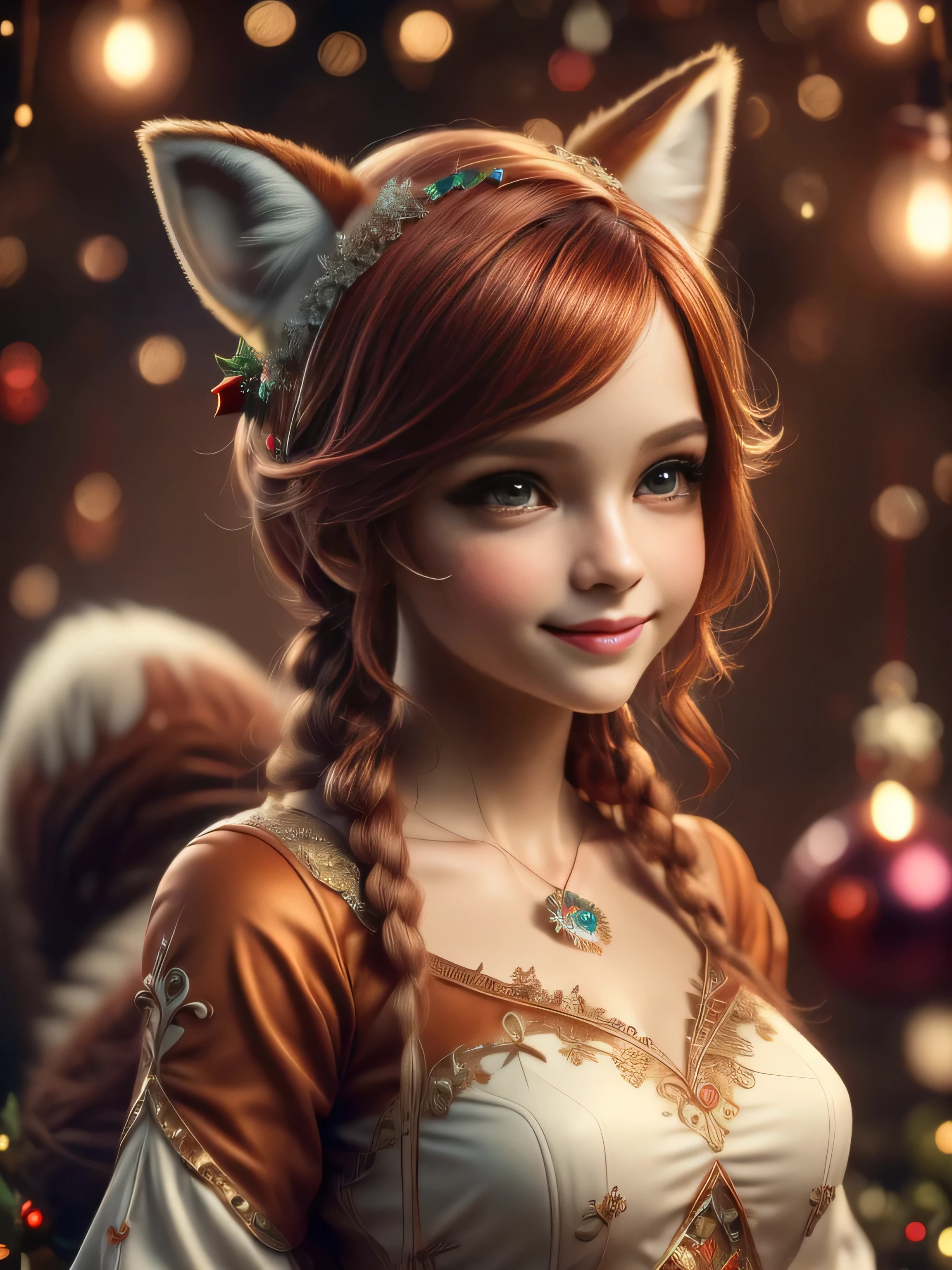 (Best Quality, Super Detail, Masterpiece, Representative Work, Official Art, Professional, Super High Detail, 8k:1.3), (Full Body) a doll with red hair and a fox ears, portrait of a goth foxgirl, dollpunk, artdoll, [ trending on cgsociety ]!!, beautiful young foxgirl, wlop loish and clamp style, cgsociety ), cgsociety - w 1 0 2 4 - n 8 - i, cgsociety 9, bjd,  cgsociety, Cute girly face, red hair, ((brown)) eyes, 1 girl 25 years old, fox costume,  fox tail, furry, girl in furry costume, Vivid colors, Red hair, Innocent expression, Playful features, Christmas background, Beautiful detailed eyes, Beautiful detailed lips, Demonic smile, detailed eyes and face, long eyelashes, Vibrant colors, Intricate Christmas decorations, Glowing garlands, Sparkling ornaments, Natural Lighting, Soft Background, Photorealistic, Shining eyes, Sharp focus, Glowing skin, Cute and mischievous look, Hint of mischief, Dreamy atmosphere, Delicate details, soft volumetric light, (Backlight:1.3), (Cinematic:1.2), Intricate details, (ArtStation:1.3)