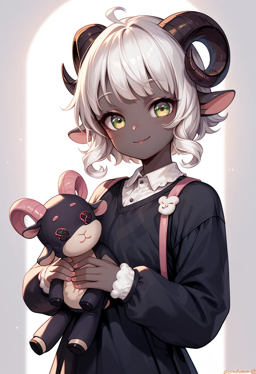 (((femboy))), Black skin, curly white hair, Demi human sheep, cute clothes, cute hair, sheep features, loose clothes, holding sheep plush, innocent face, sheep horns