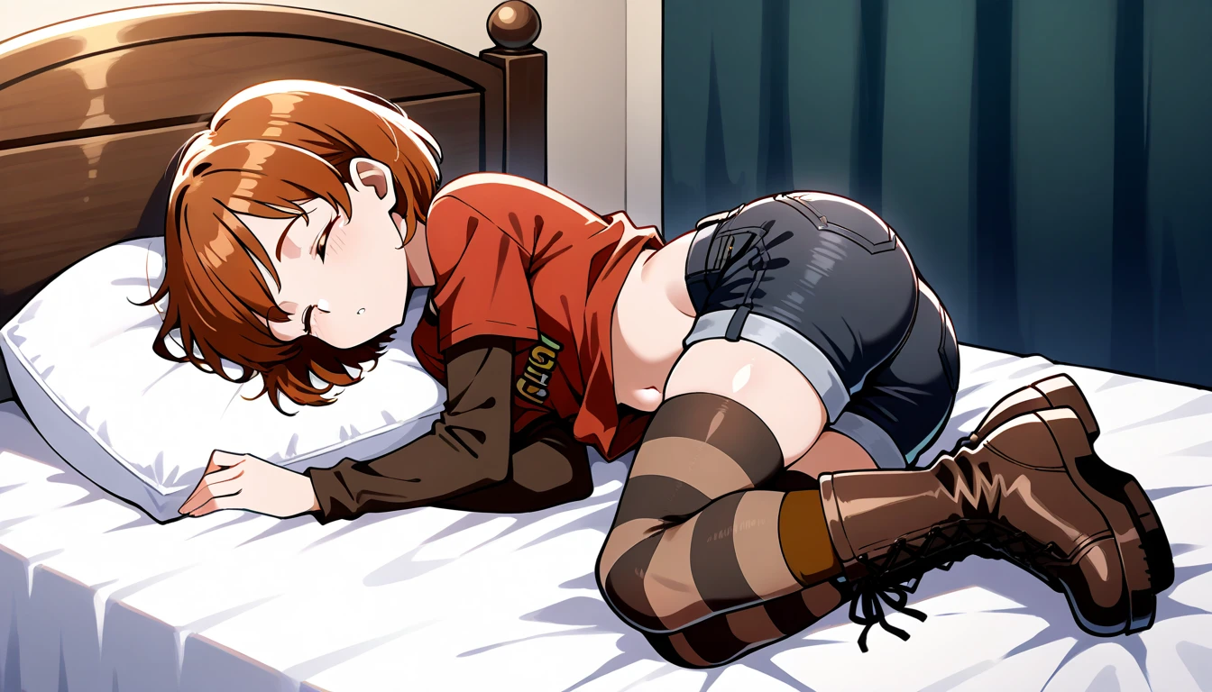 1girl, full body, solo, penny, brown hair, short hair, brown eyes, alone, red T-shirt over a brown long-sleeved shirt, denim black shorts, black and white striped tights, alongside brown socks with a red line and brown boots, eyes closed ((bedroom)), sleeping, Head down, ass up, closed eyes, in bed, straight on Bed, belly down, ryona