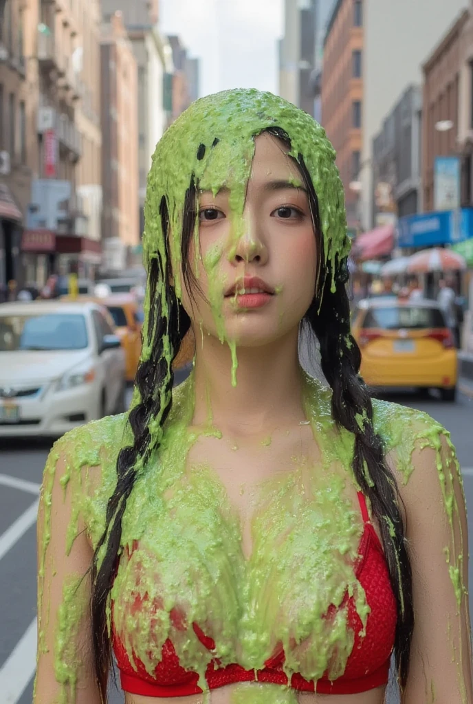 DSLR photograph. Beautiful Chinese woman covered in green water. Photorealistic. Wet liquid. Nasty slime. Raw photo. New York City streets. Daytime. Green Slime. Dripping green goo. 21 years old. (Asian: 1.1). pigtails. Green water. Portrait photo. Beautiful Asian face. (Cleavage: 1.2). Red lace bra.